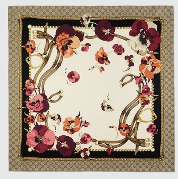 Sciarpa Gucci GG monogramma stampa 100% seta 90x90 cm marrone multi