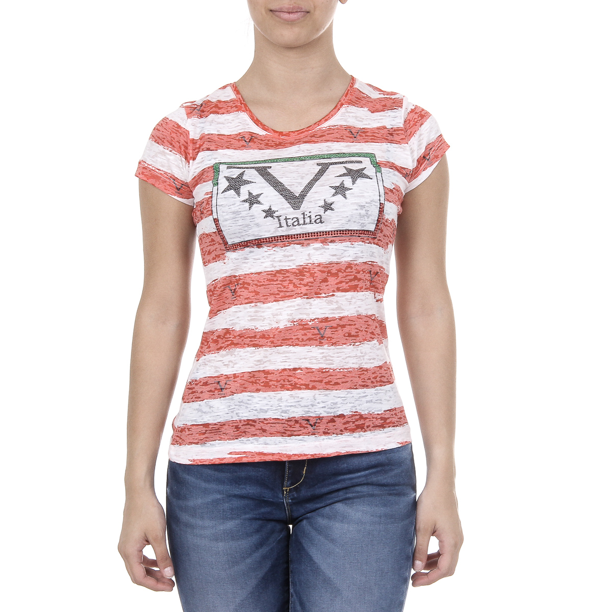 V 1969 Italia T-shirt da donna a maniche corte con scollo rotondo multicolore CHARLOTTE