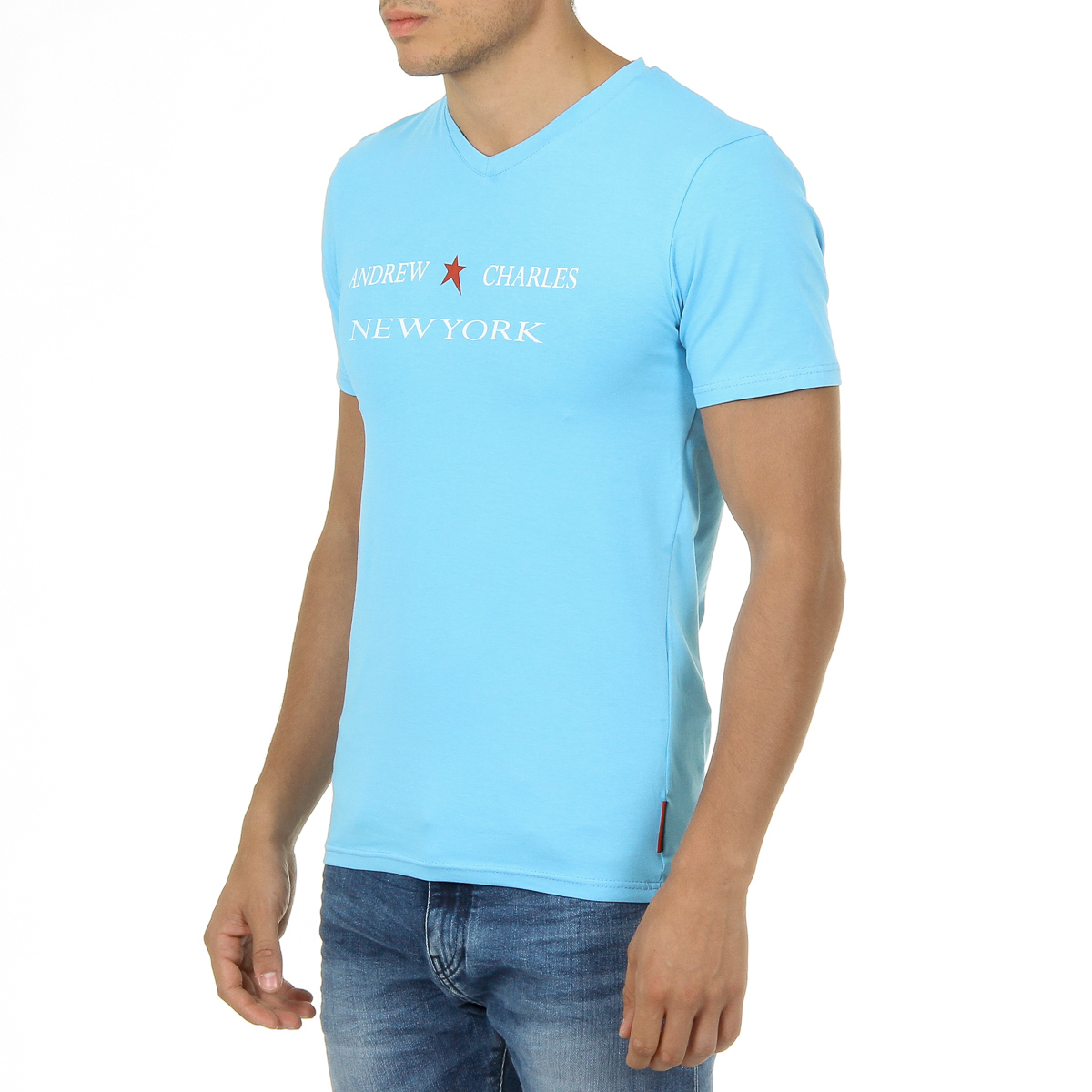 Andrew Charles T-shirt da uomo a maniche corte con scollo a V, colore azzurro KENAN