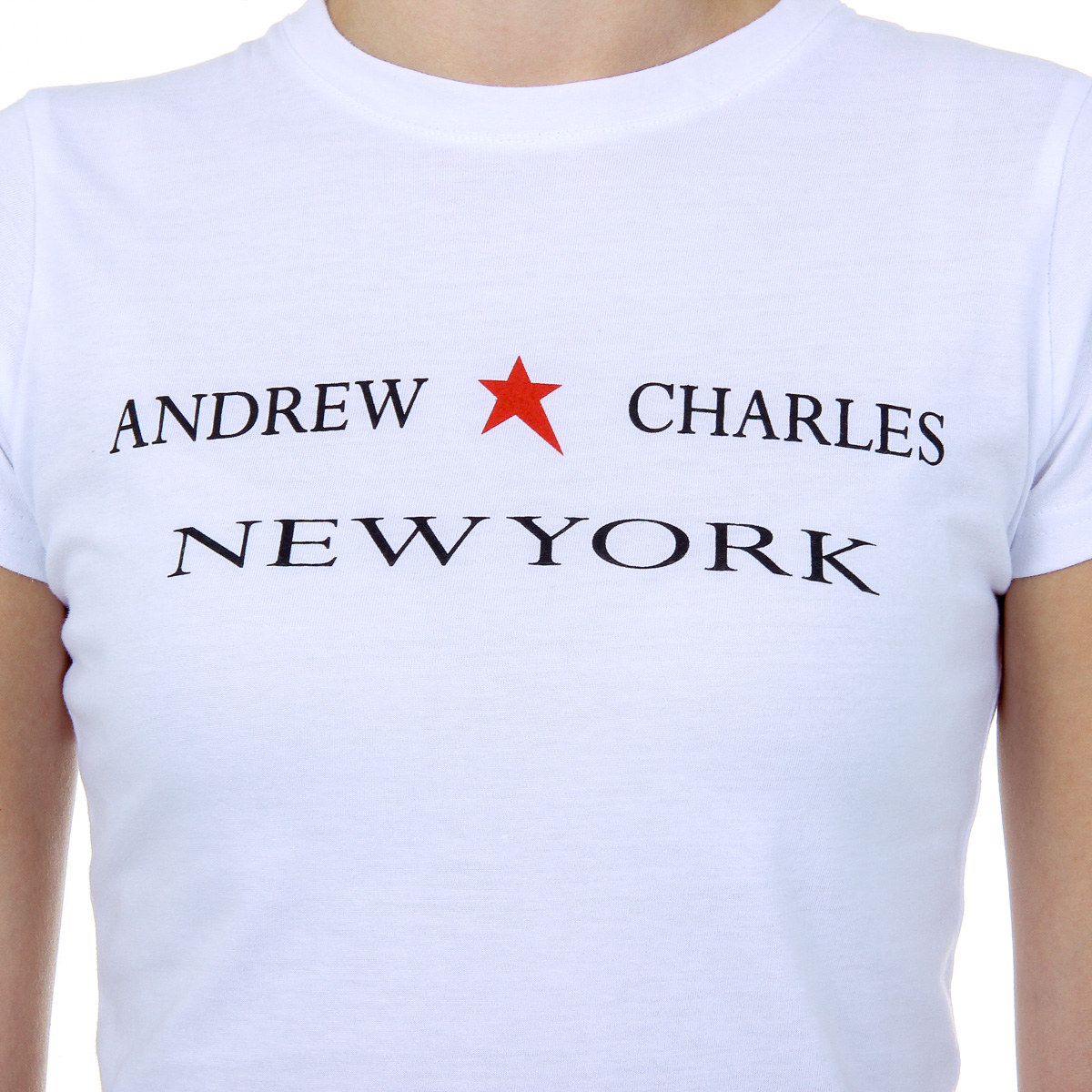 Andrew Charles Maglietta da donna a maniche corte con scollo rotondo, bianca TARANA