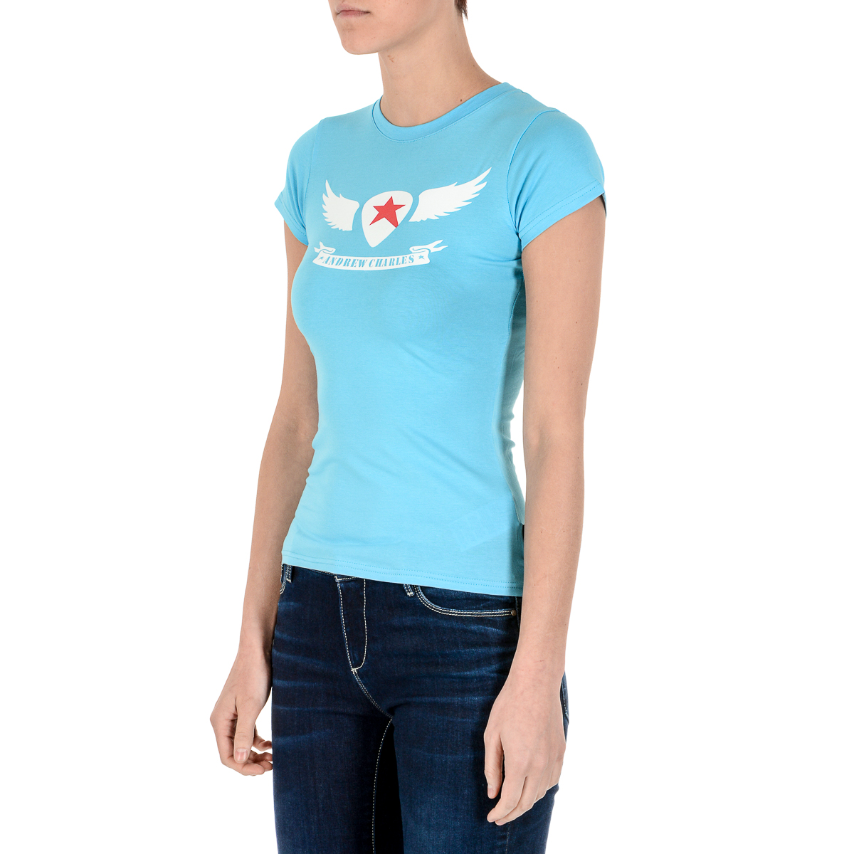 Andrew Charles T-shirt da donna a maniche corte con scollo tondo, blu chiaro TARANA