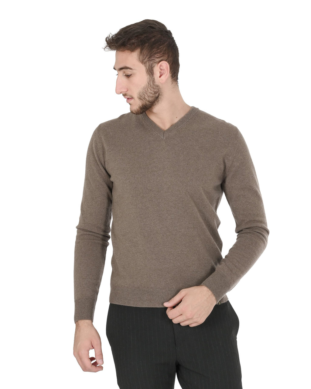 Maglione da uomo in cashmere con scollo a V Crown of Edinburgh COE 0012 TAUPE