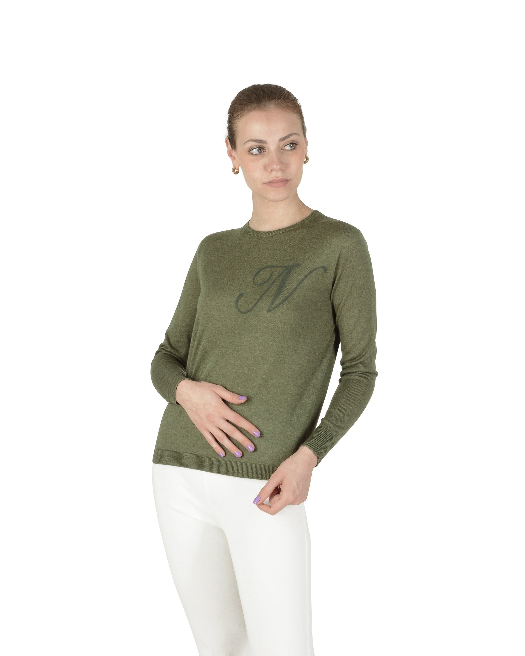 Maglia girocollo in cashmere estivo - Manica lunga - Verde