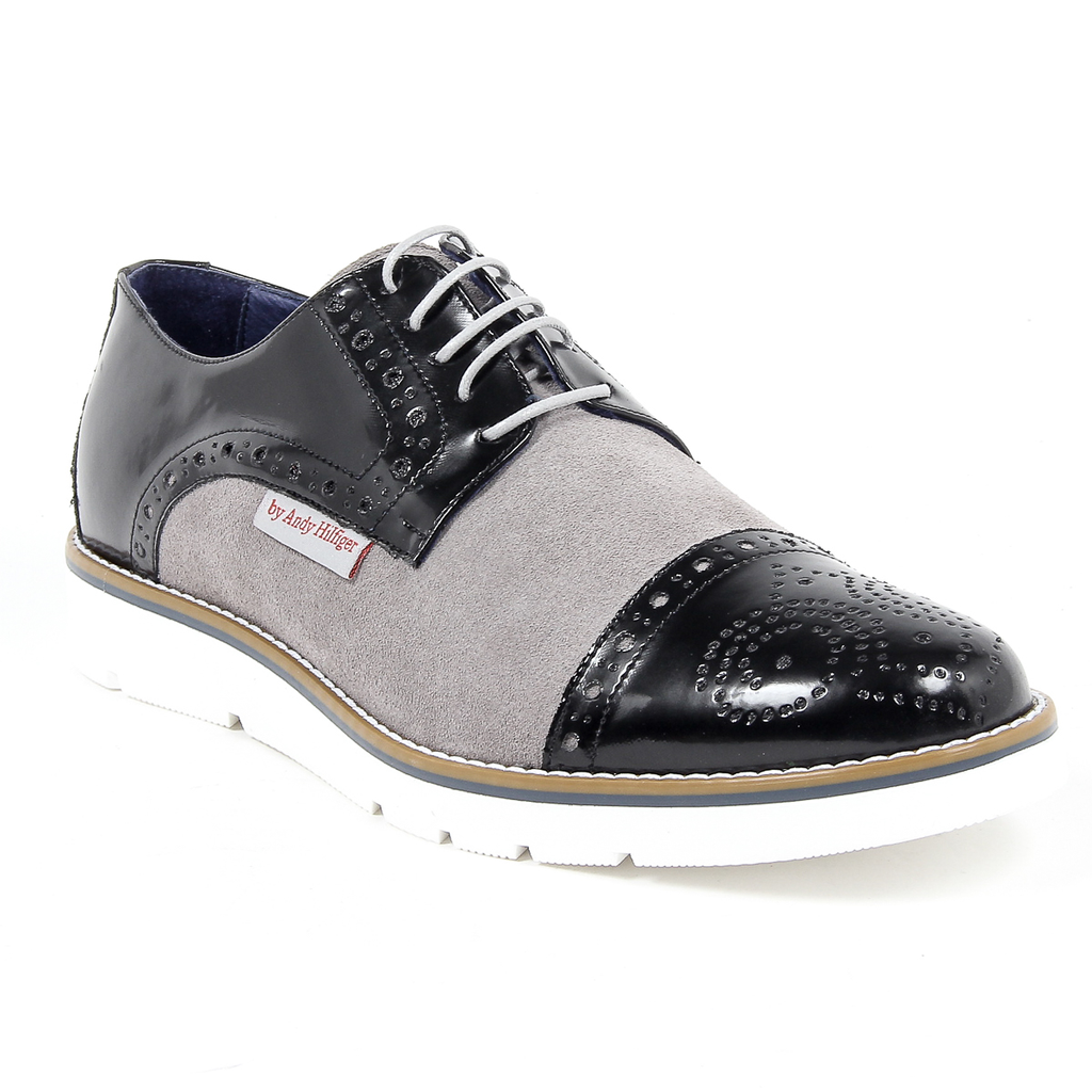 Andrew Charles Mens Brogue Oxford Shoe 911 ABRASIVATO CAM NERO GRIGIO