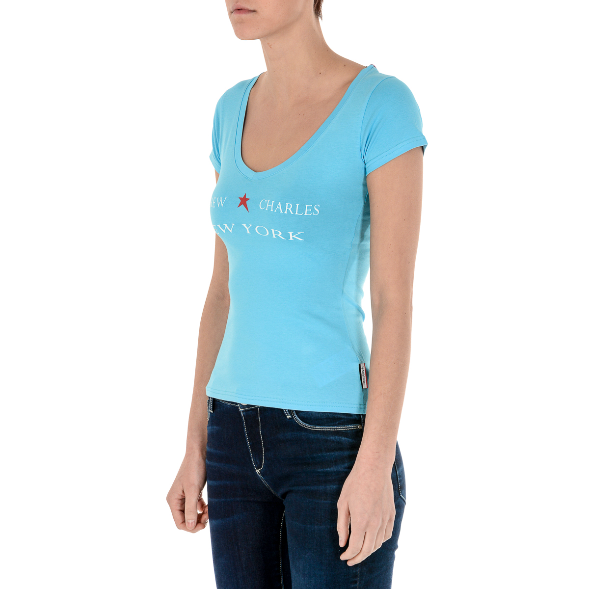 Andrew Charles T-shirt da donna a maniche corte con scollo a V, colore azzurro TAPIWA