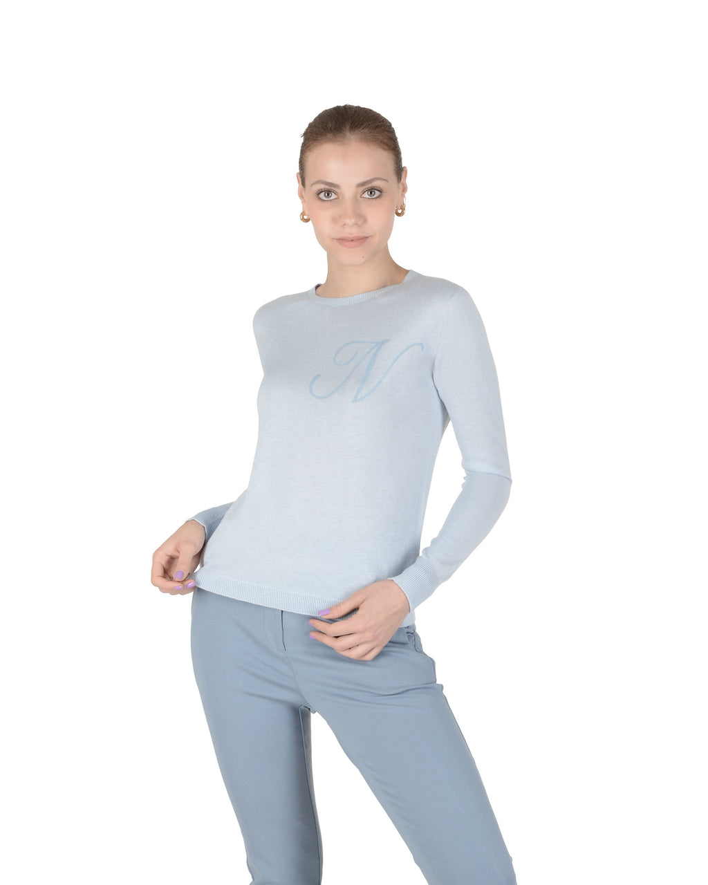 Maglia girocollo in cashmere estivo - Manica lunga - Azzurro