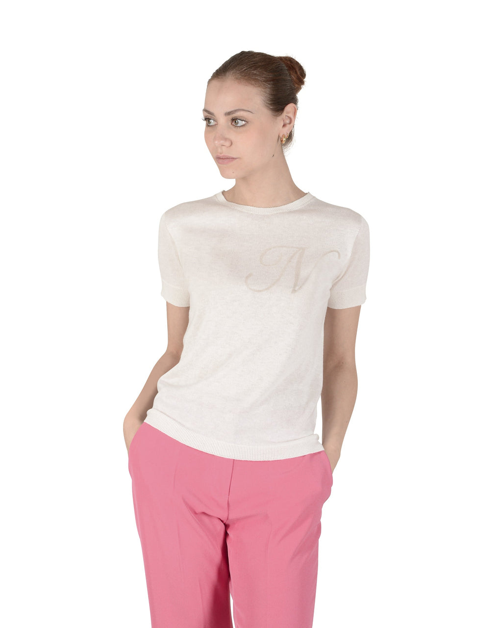 Maglia girocollo estiva in cashmere - Manica corta - Avorio