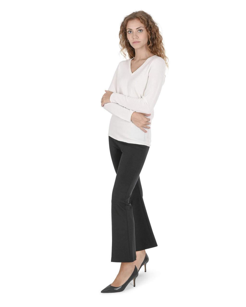 Maglione da donna con scollo a V in cashmere Crown of Edinburgh COE 0022 BIANCO SPORCO
