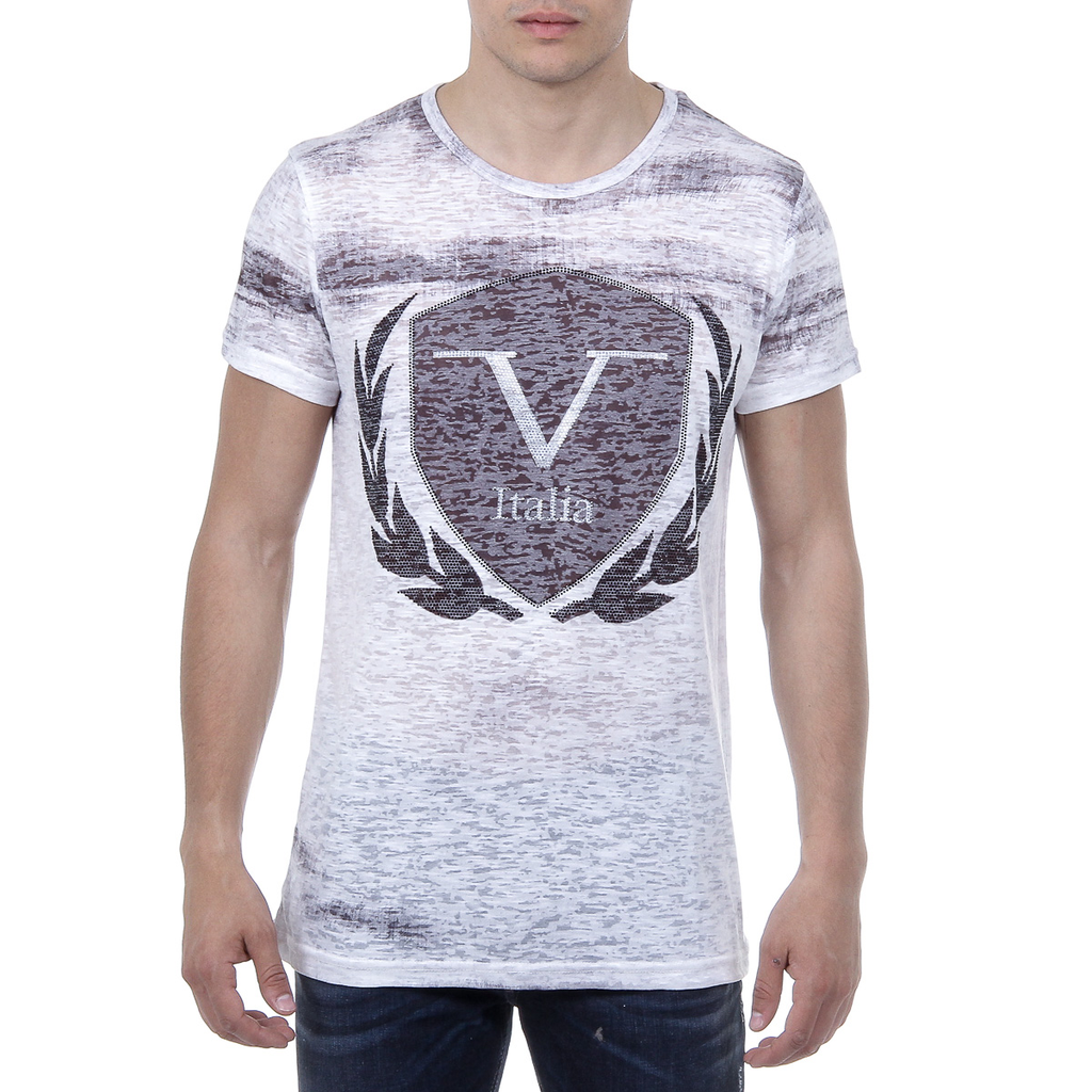 V 1969 Italia T-shirt da uomo a maniche corte con scollo rotondo, bianca LOGAN