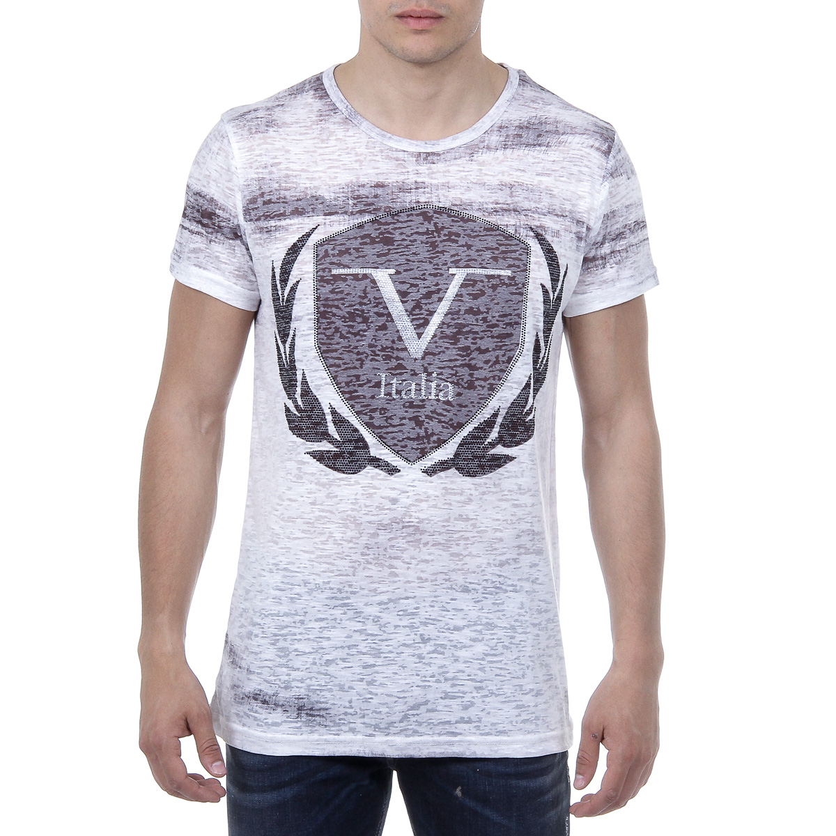 V 1969 Italia T-shirt da uomo a maniche corte con scollo rotondo, bianca LOGAN