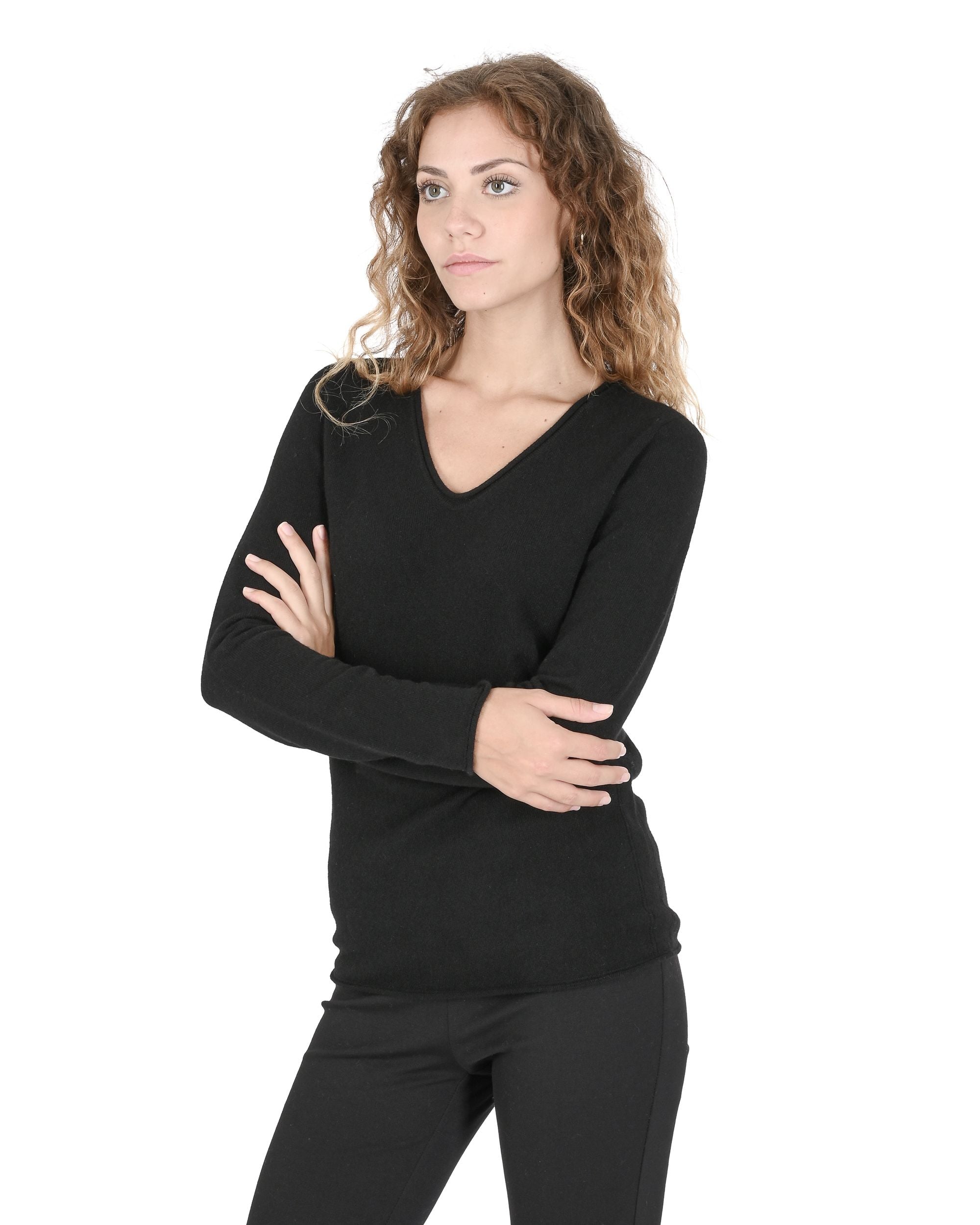 Maglione da donna con scollo a V in cashmere Crown of Edinburgh COE 0022 NERO