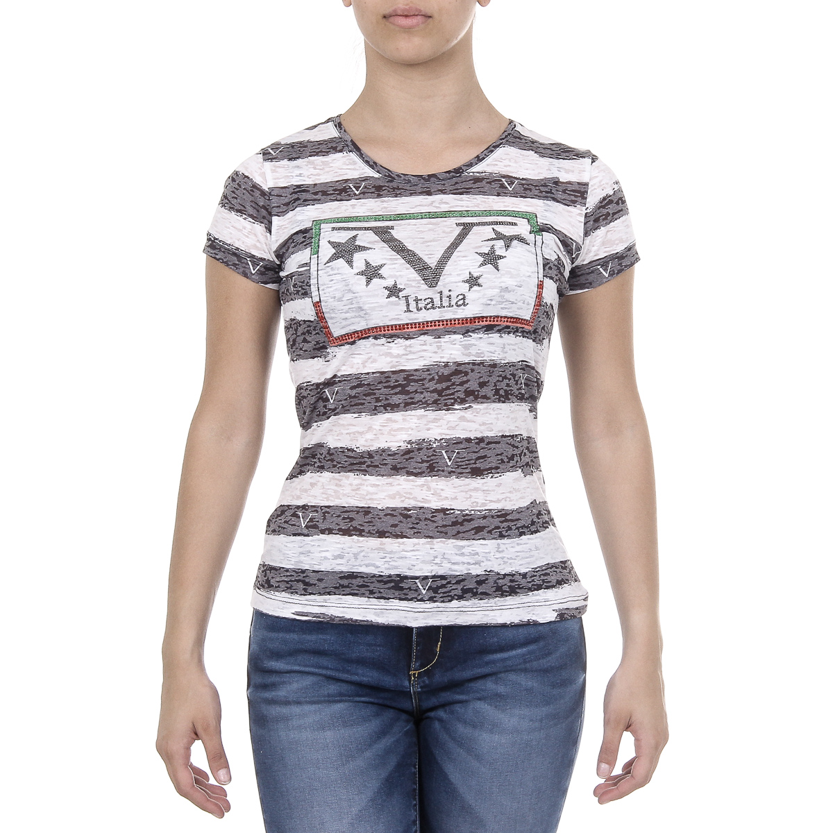 V 1969 Italia T-shirt da donna a maniche corte con scollo rotondo multicolore CHARLOTTE