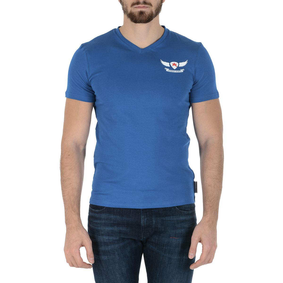 Andrew Charles Maglietta da uomo a maniche corte con scollo a V blu KENAN