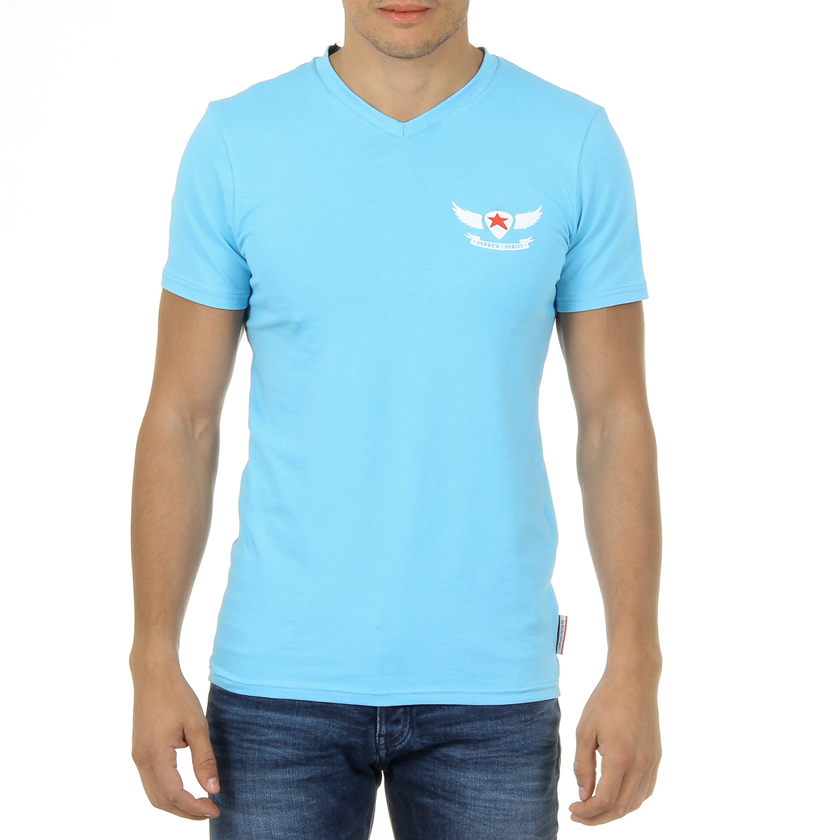 Andrew Charles T-shirt da uomo a maniche corte con scollo a V, colore azzurro KENAN