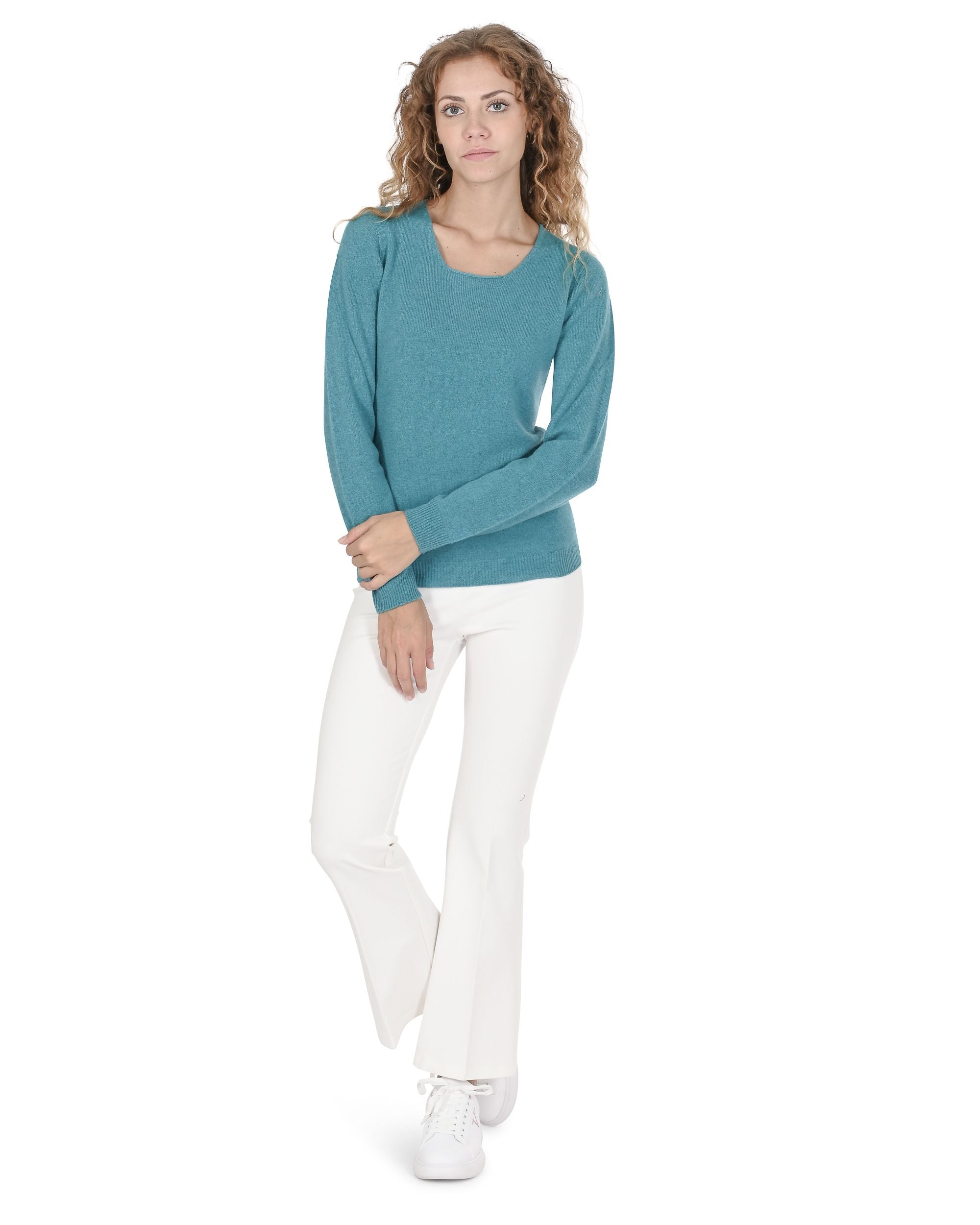 Maglione da donna in cashmere con scollo quadrato Crown of Edinburgh COE 0024 TURCHESE