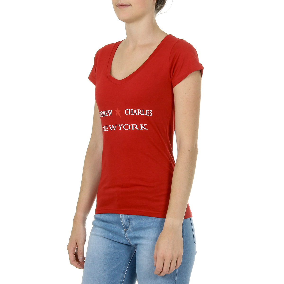 Andrew Charles T-shirt da donna a maniche corte con scollo a V, rossa TAPIWA
