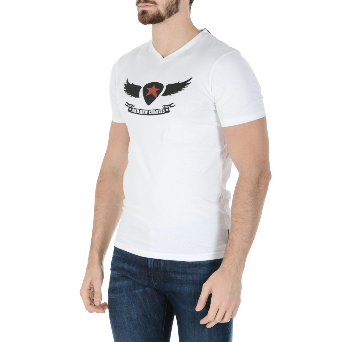 Andrew Charles T-shirt da uomo a maniche corte con scollo a V bianca KENAN