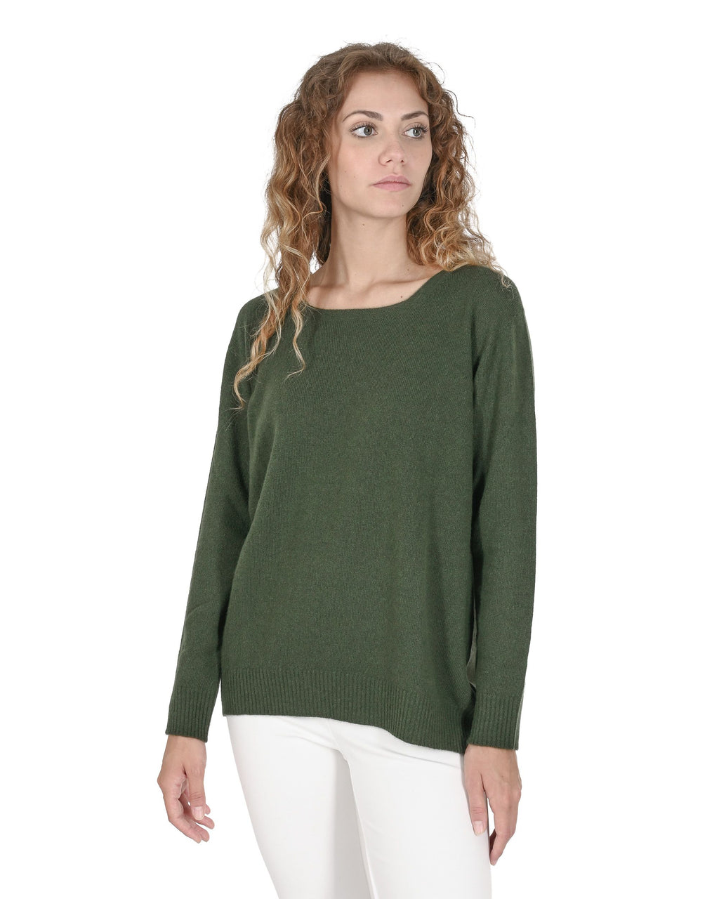 Maglione da donna in cashmere con scollo quadrato Crown of Edinburgh COE 006 VERDE OLIVA