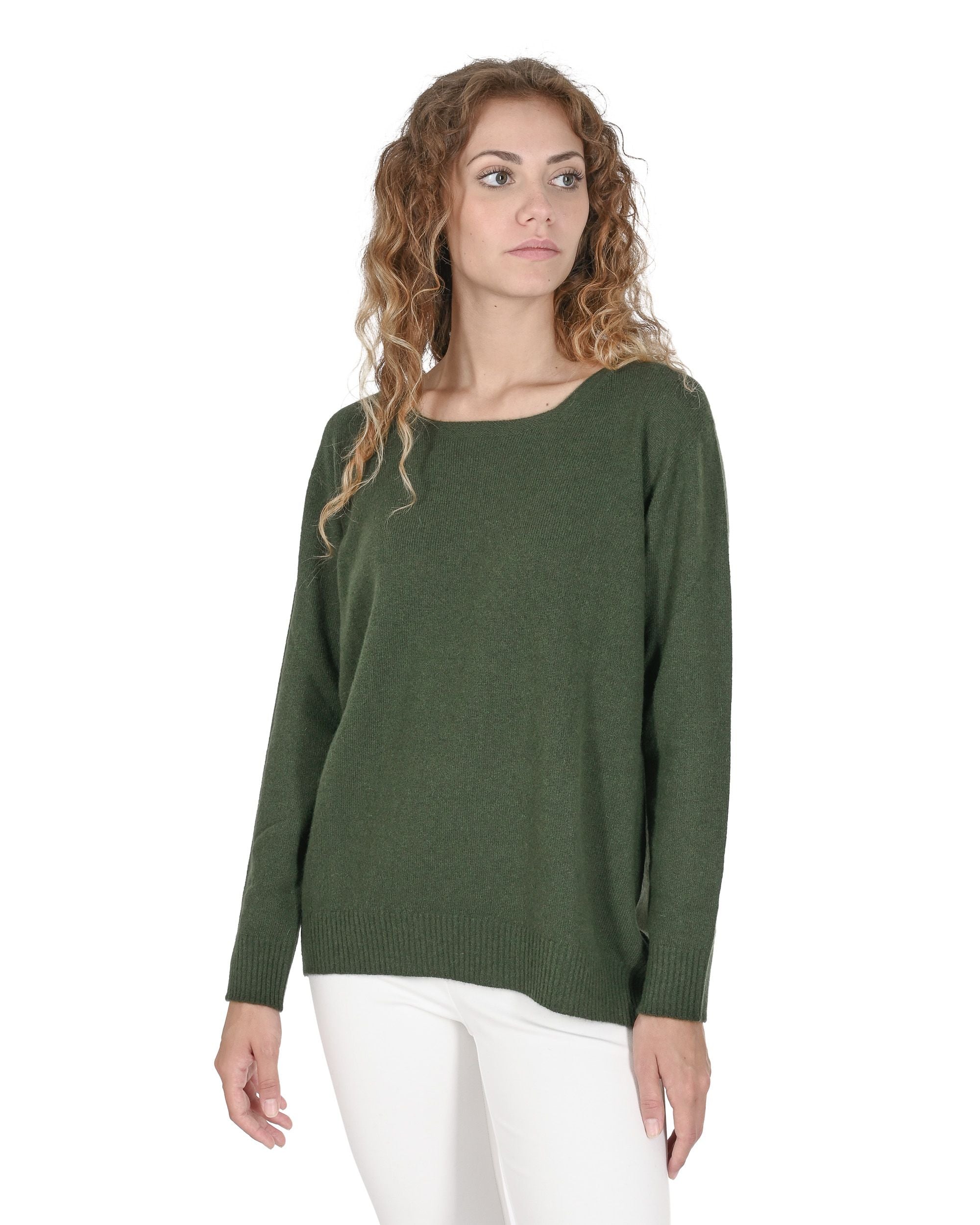 Maglione da donna in cashmere con scollo quadrato Crown of Edinburgh COE 006 VERDE OLIVA