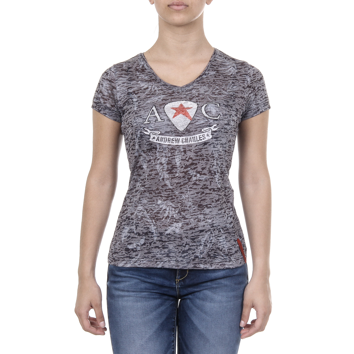 Andrew Charles T-shirt da donna a maniche corte con scollo a V nera ALEXA