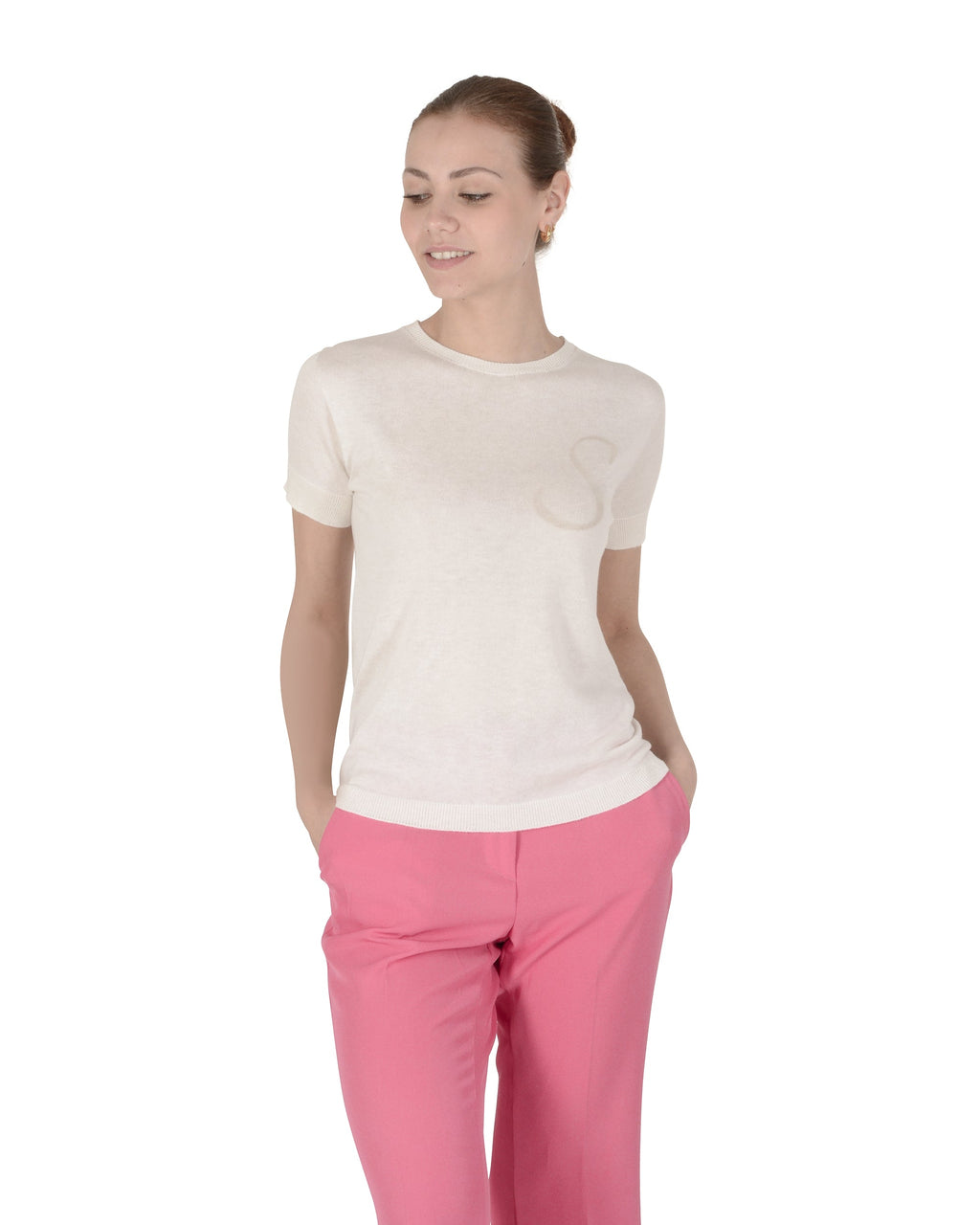Maglia girocollo estiva in cashmere - Manica corta - Avorio