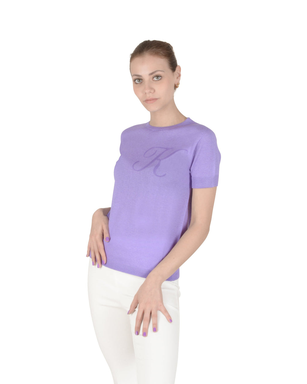 Maglia girocollo estiva in cashmere - Manica corta - Lilla