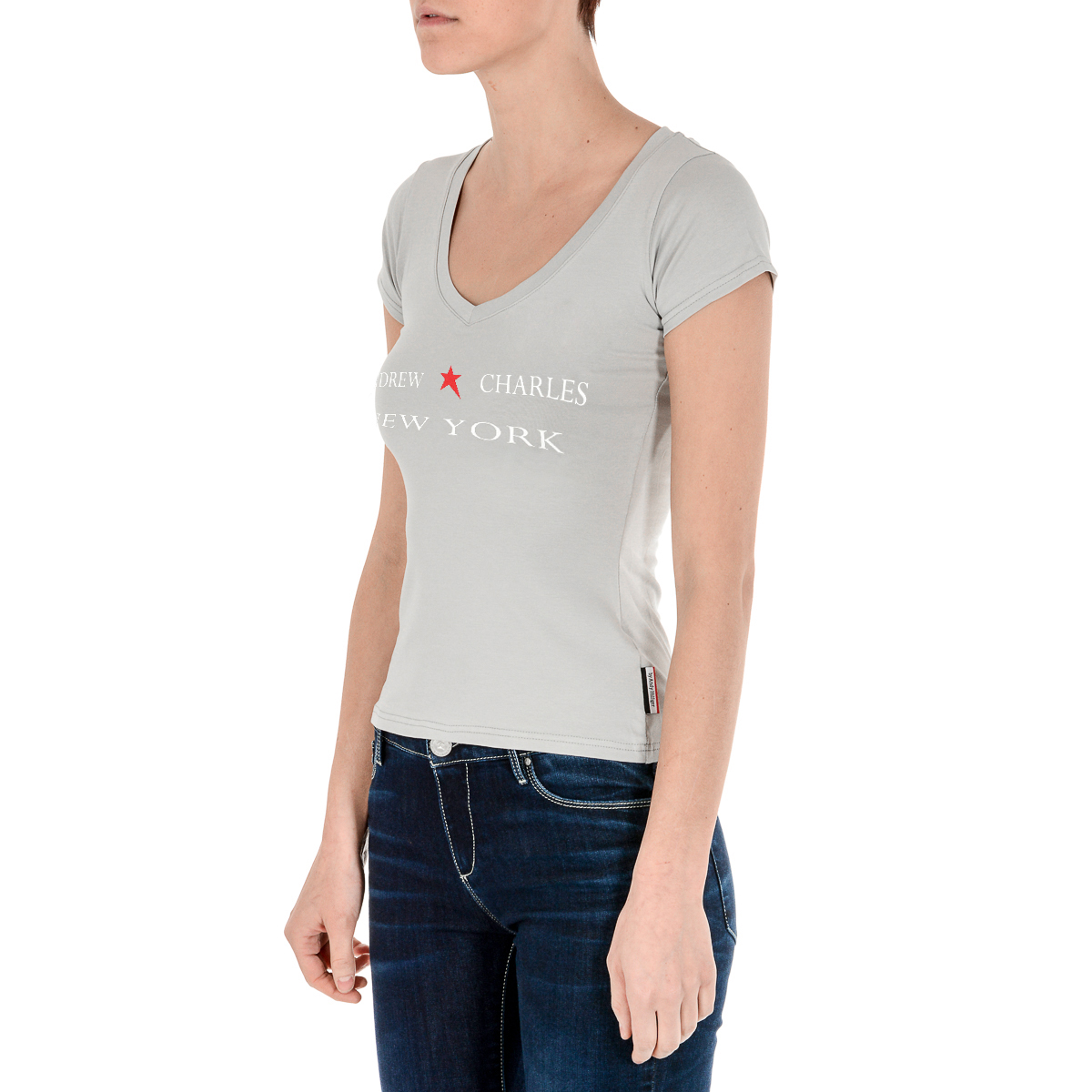Andrew Charles T-shirt da donna a maniche corte con scollo a V, grigia TAPIWA