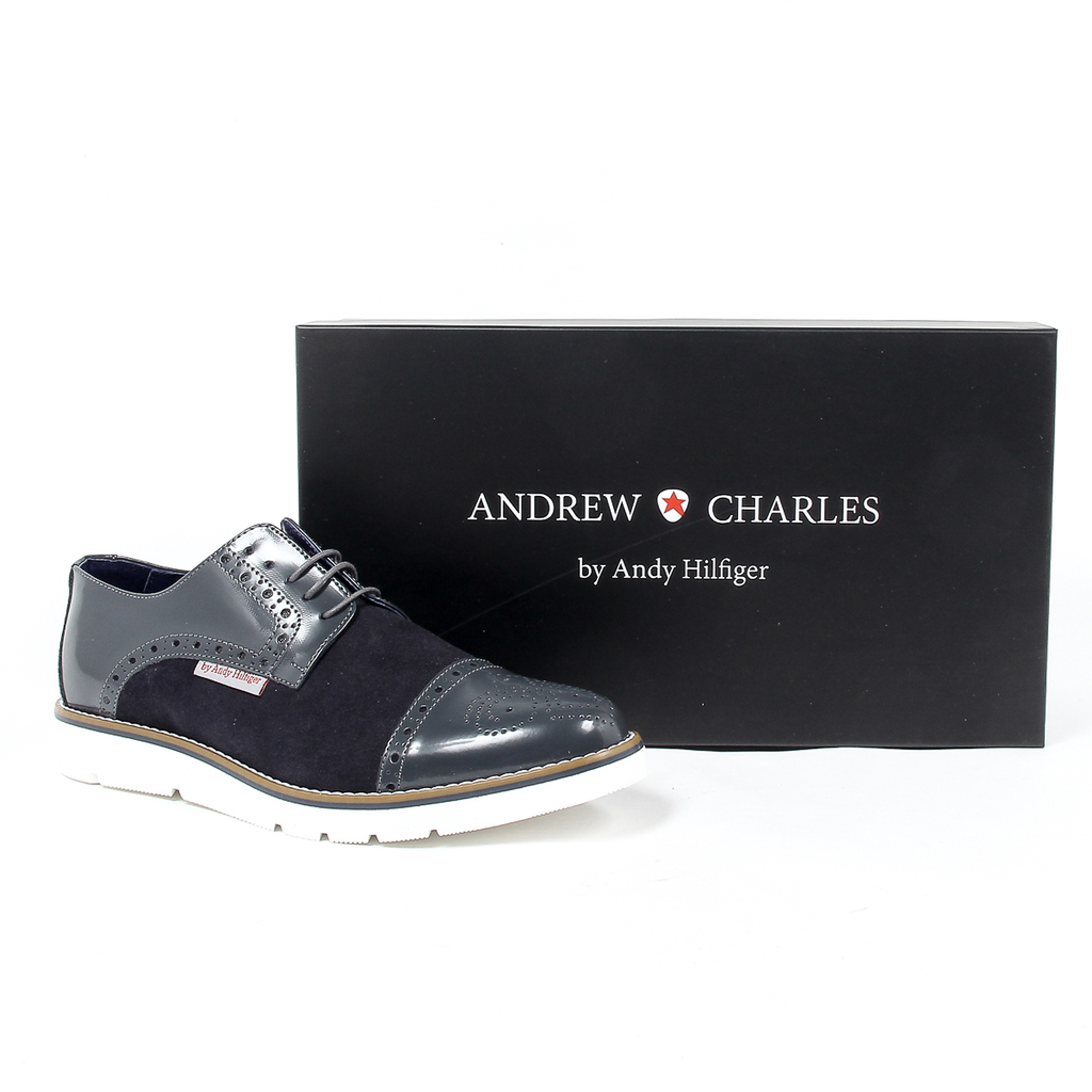 Andrew Charles Mens Brogue Oxford Shoe 911 ABRASIVATO CAM GRIGIO BLEU