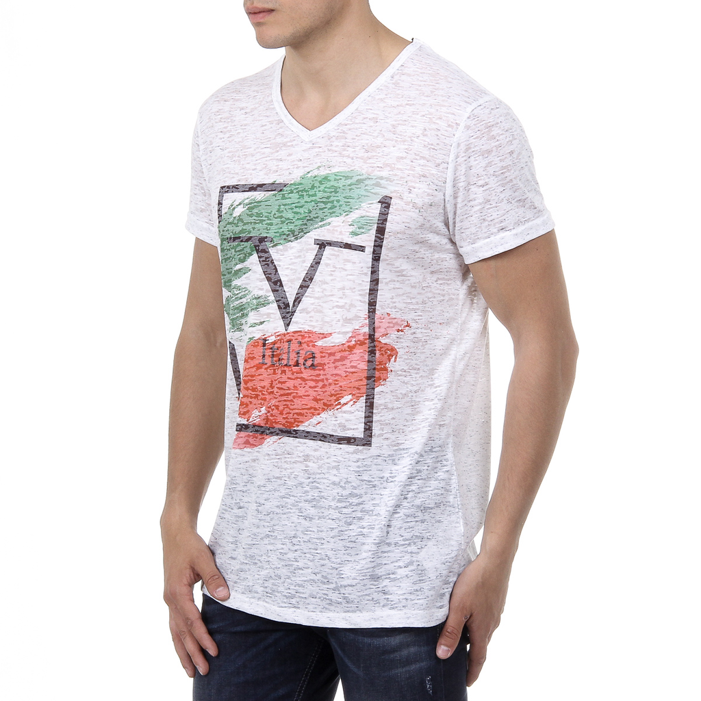 V 1969 Italia T-shirt da uomo a maniche corte con scollo a V bianca LUCAS