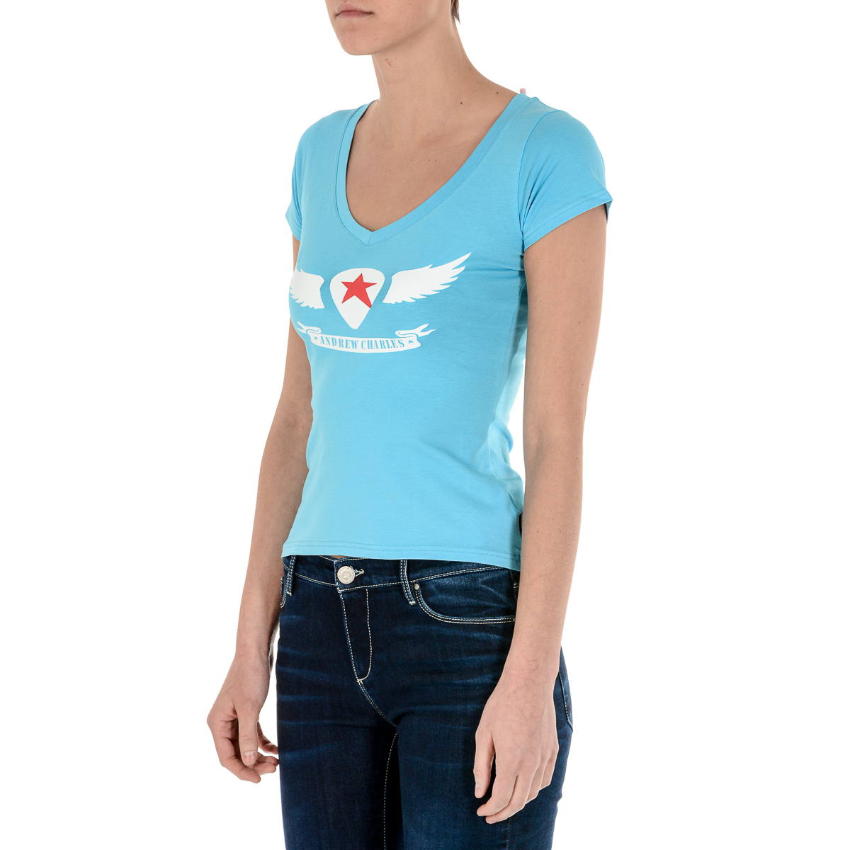 Andrew Charles T-shirt da donna a maniche corte con scollo a V, colore azzurro TAPIWA