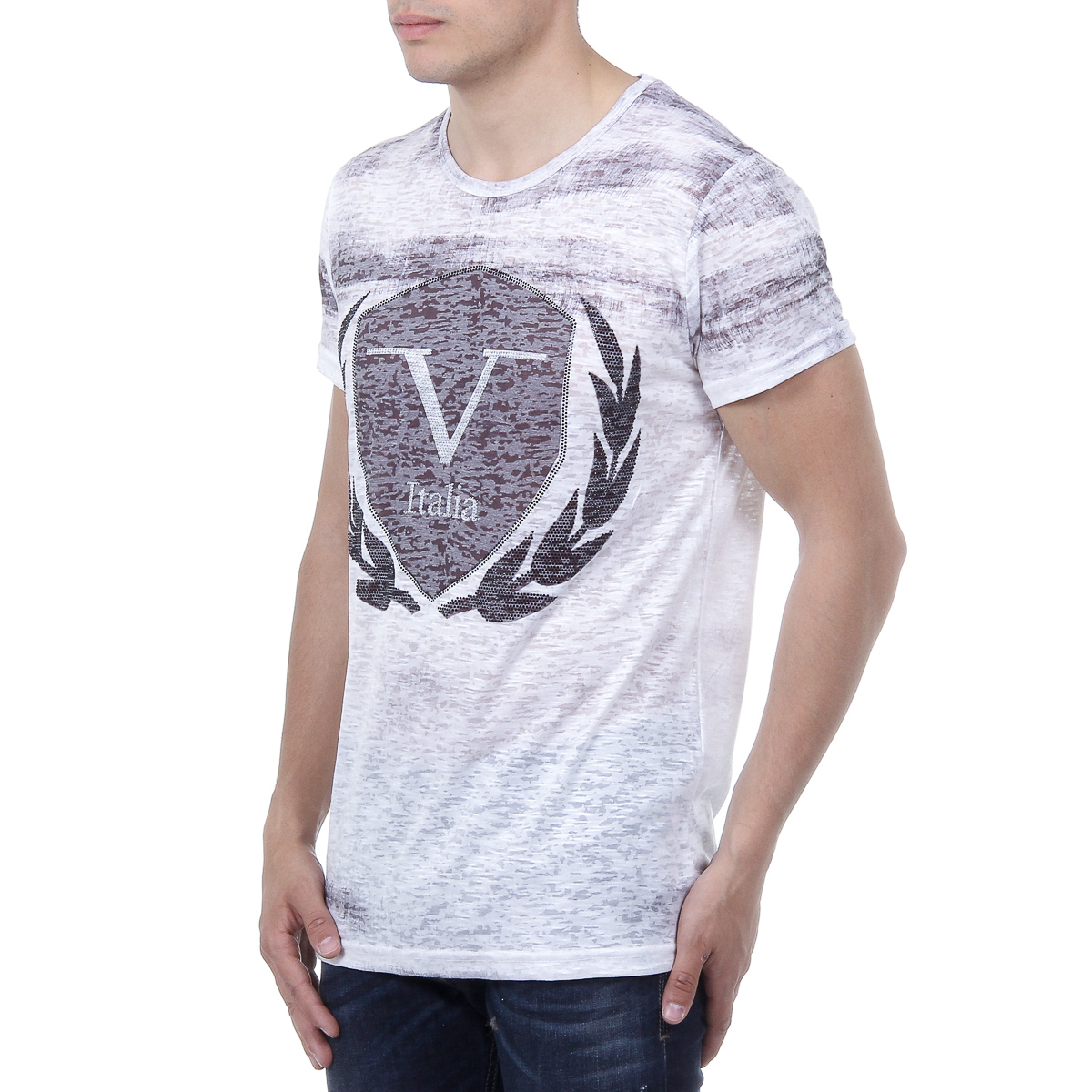 V 1969 Italia T-shirt da uomo a maniche corte con scollo rotondo, bianca LOGAN