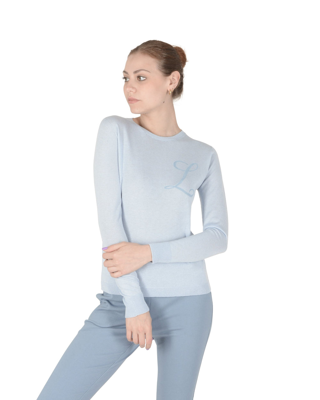 Maglia girocollo in cashmere estivo - Manica lunga - Azzurro