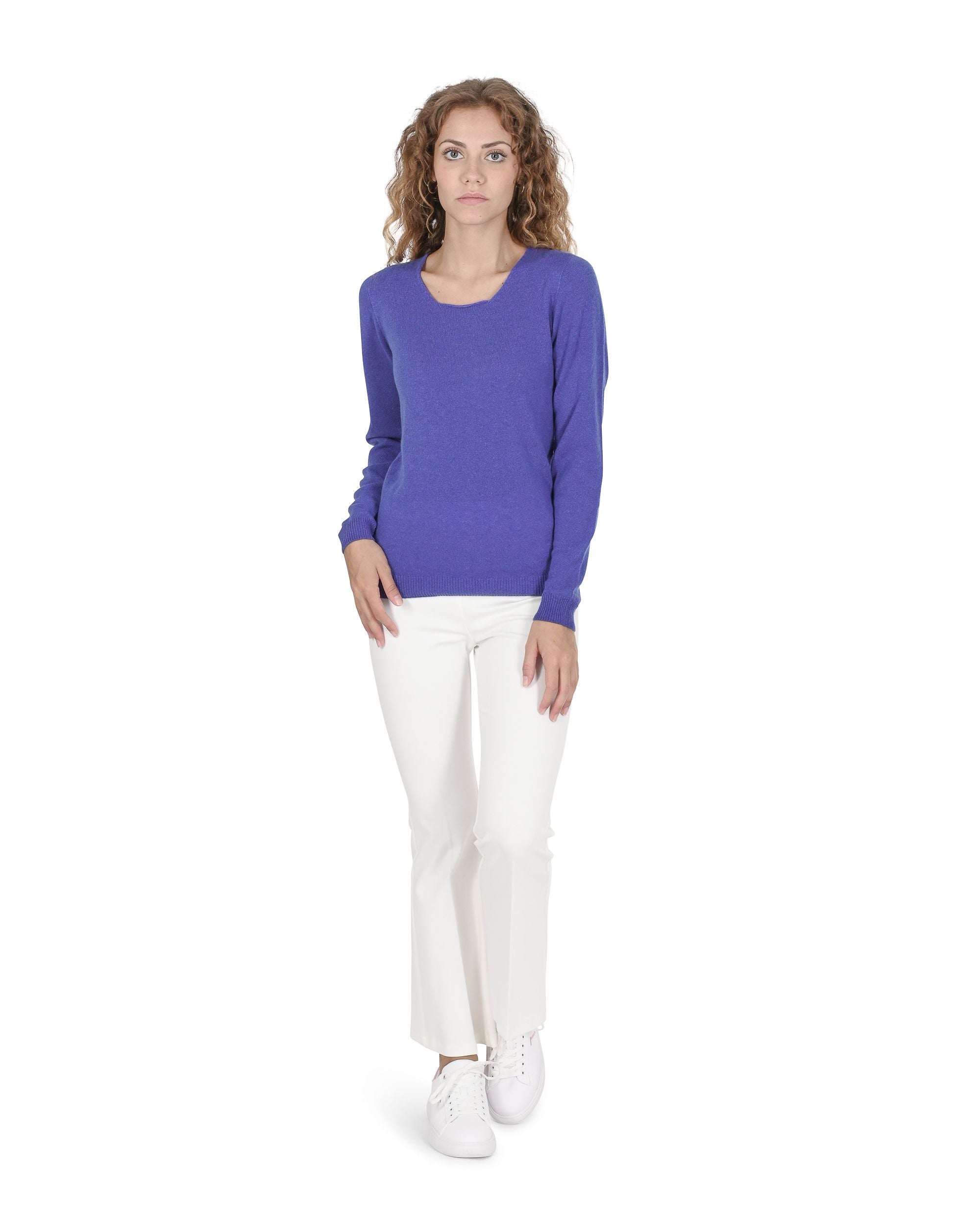 Maglione da donna in cashmere con scollo quadrato Crown of Edinburgh COE 0024 BLU REALE