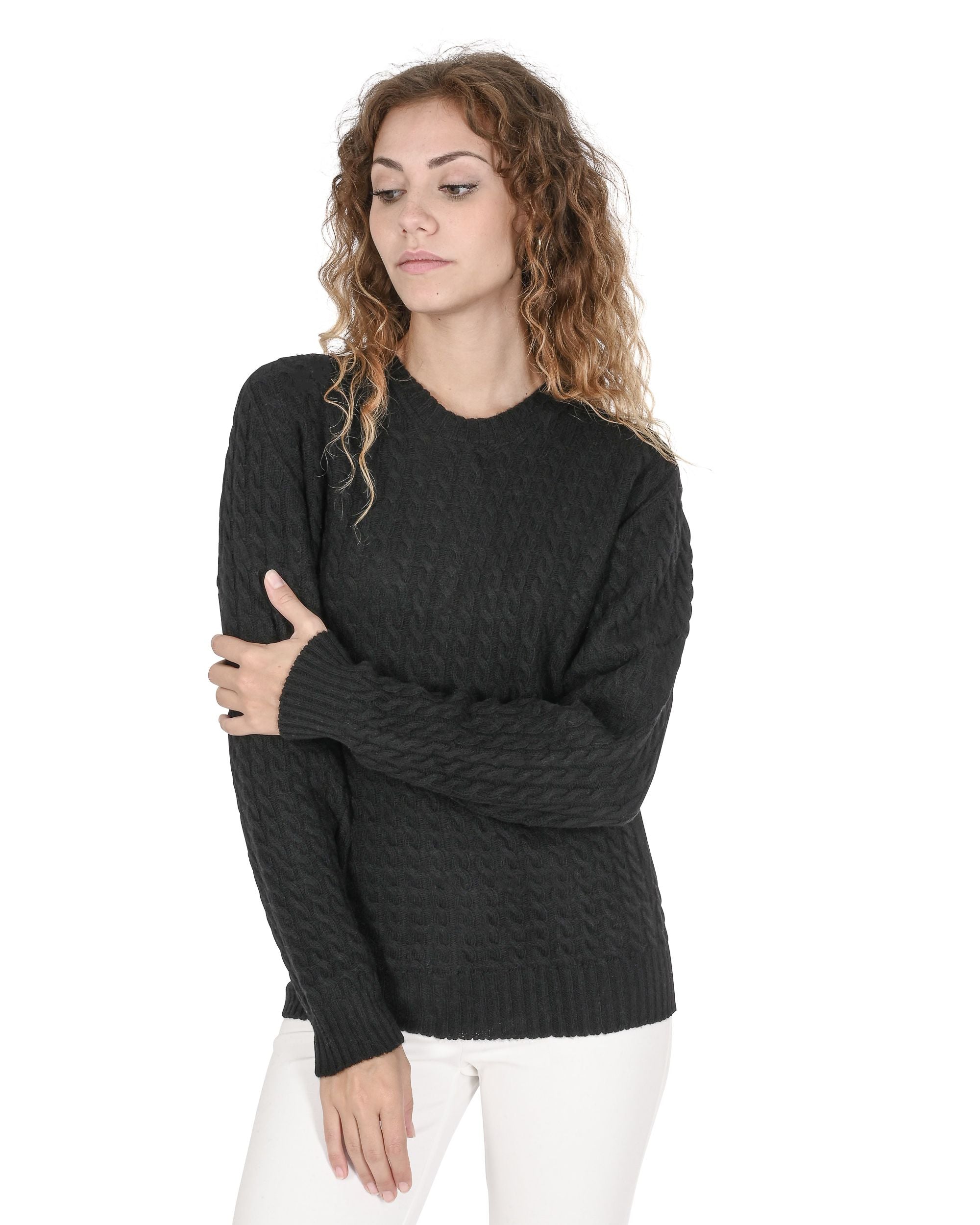 Maglione girocollo da donna in cashmere Crown of Edinburgh COE 0013 NERO