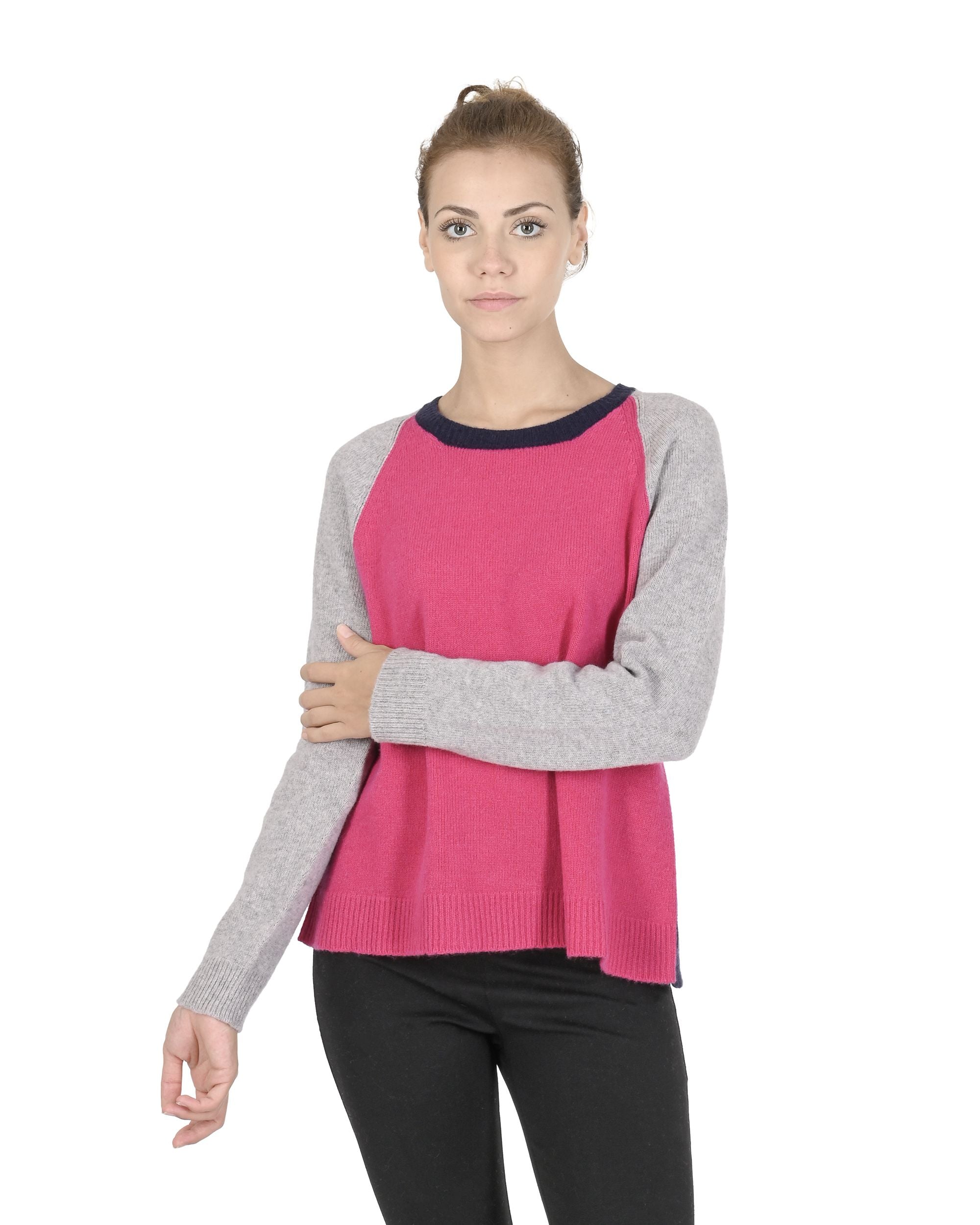 Maglione girocollo da donna in cashmere Crown of Edinburgh COE 0016 FUSCHIA/CREMA