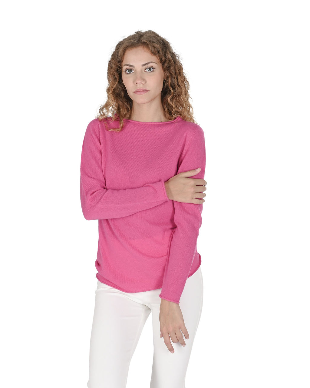Maglione da donna in cashmere con scollo a barca Crown of Edinburgh COE 0025 FUSCHIA