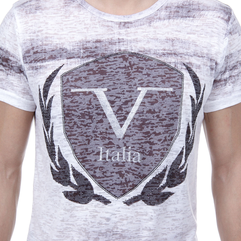 V 1969 Italia T-shirt da uomo a maniche corte con scollo rotondo, bianca LOGAN
