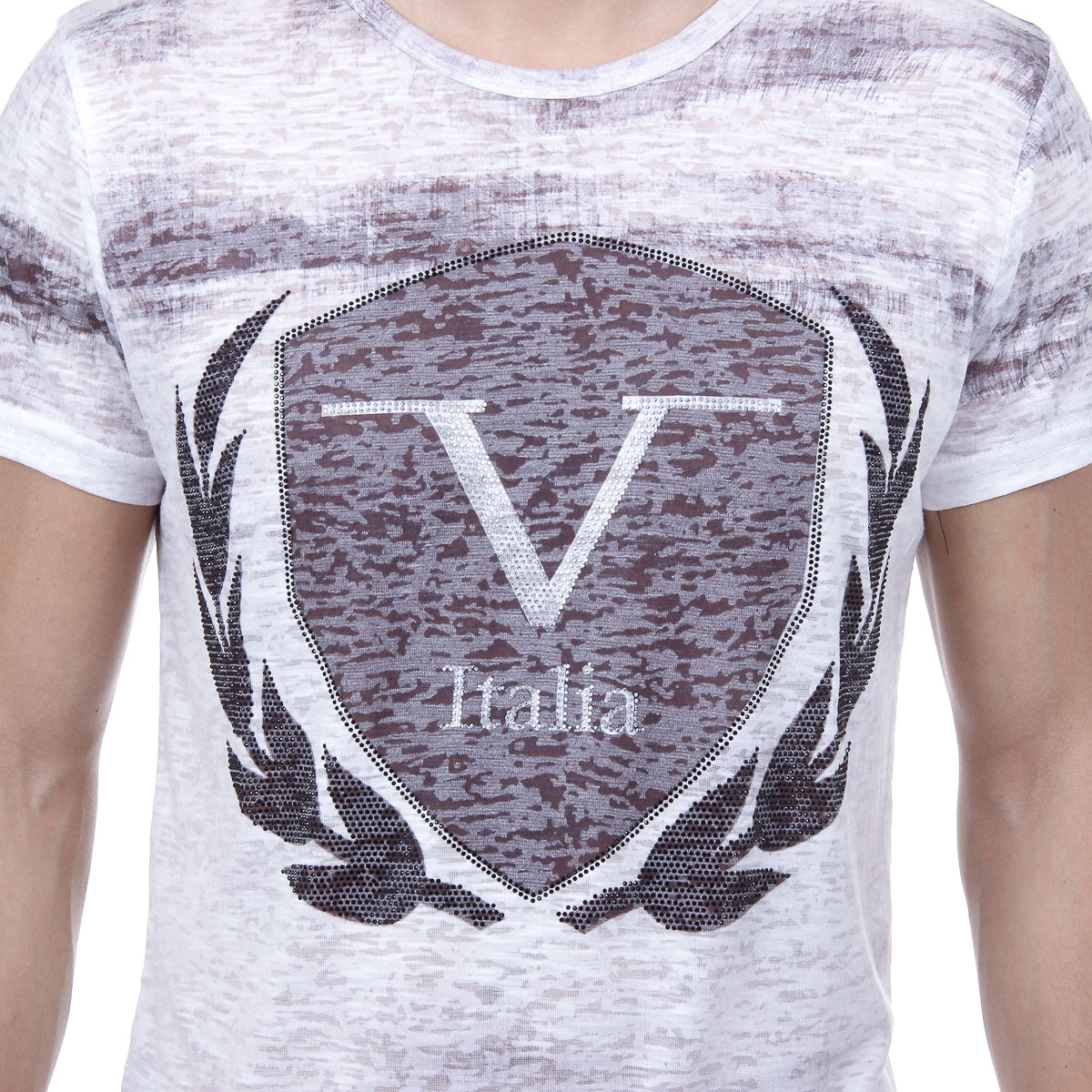 V 1969 Italia T-shirt da uomo a maniche corte con scollo rotondo, bianca LOGAN