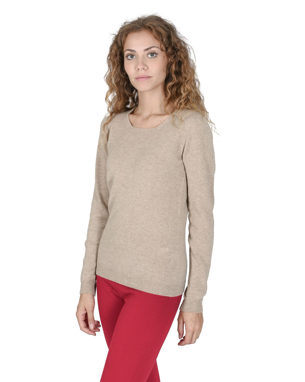 Maglione da donna in cashmere con scollo quadrato Crown of Edinburgh COE 0024 SAND