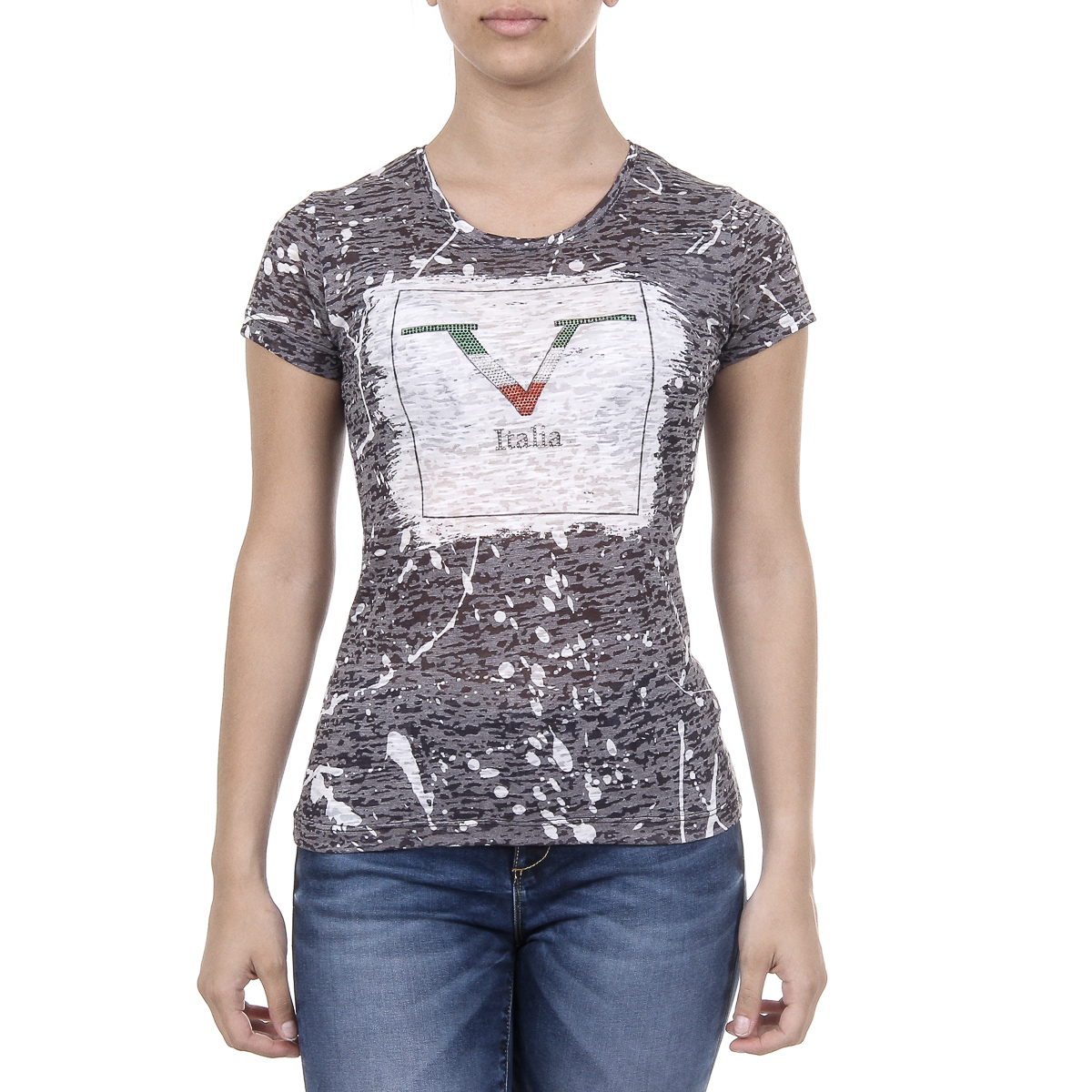 V 1969 Italia T-shirt da donna a maniche corte con scollo tondo nera AVA