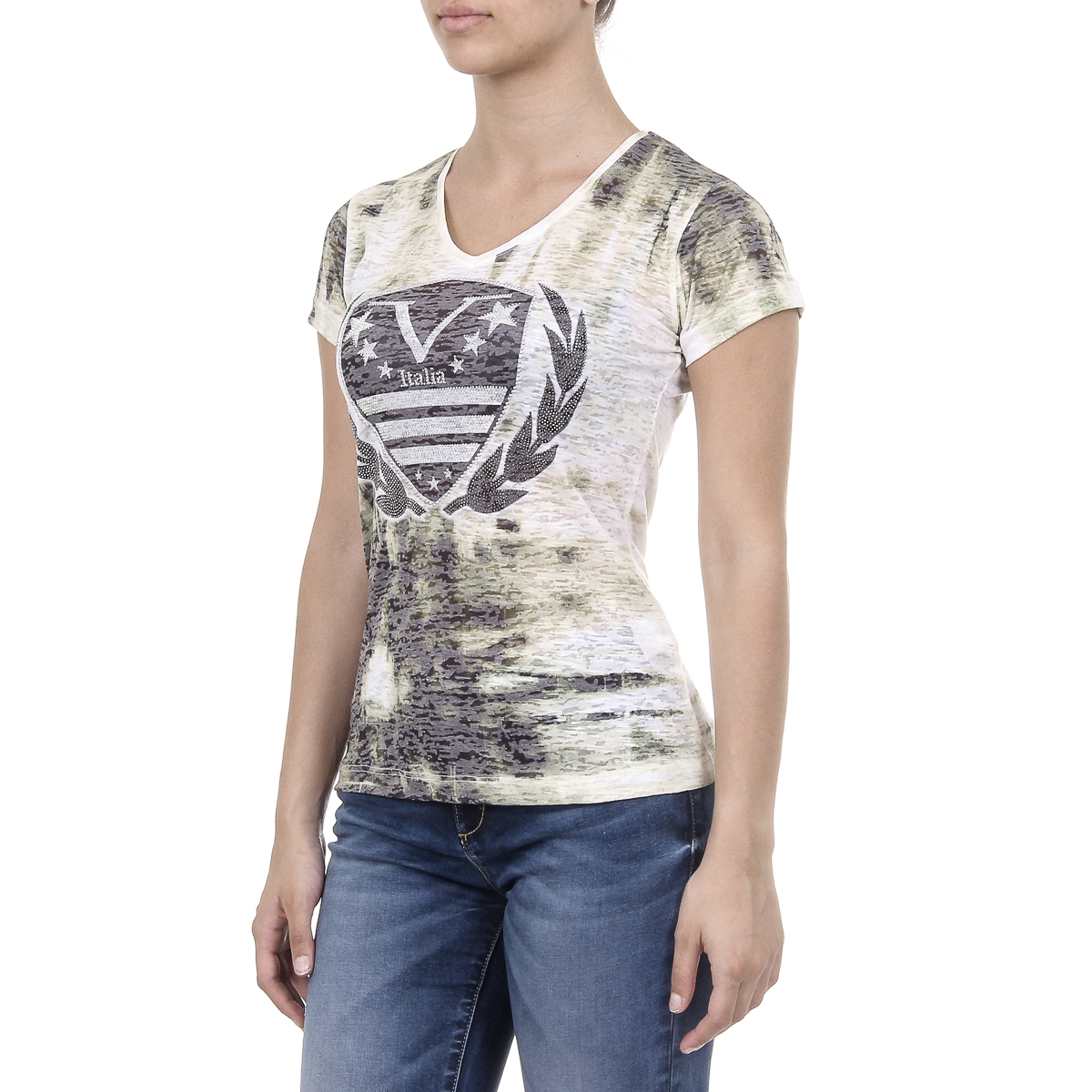 V 1969 Italia T-shirt da donna a maniche corte con scollo a V gialla EMILY