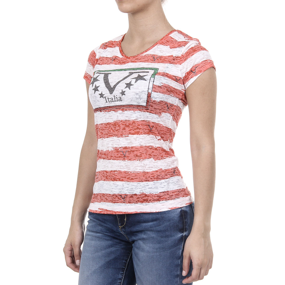 V 1969 Italia T-shirt da donna a maniche corte con scollo rotondo multicolore CHARLOTTE