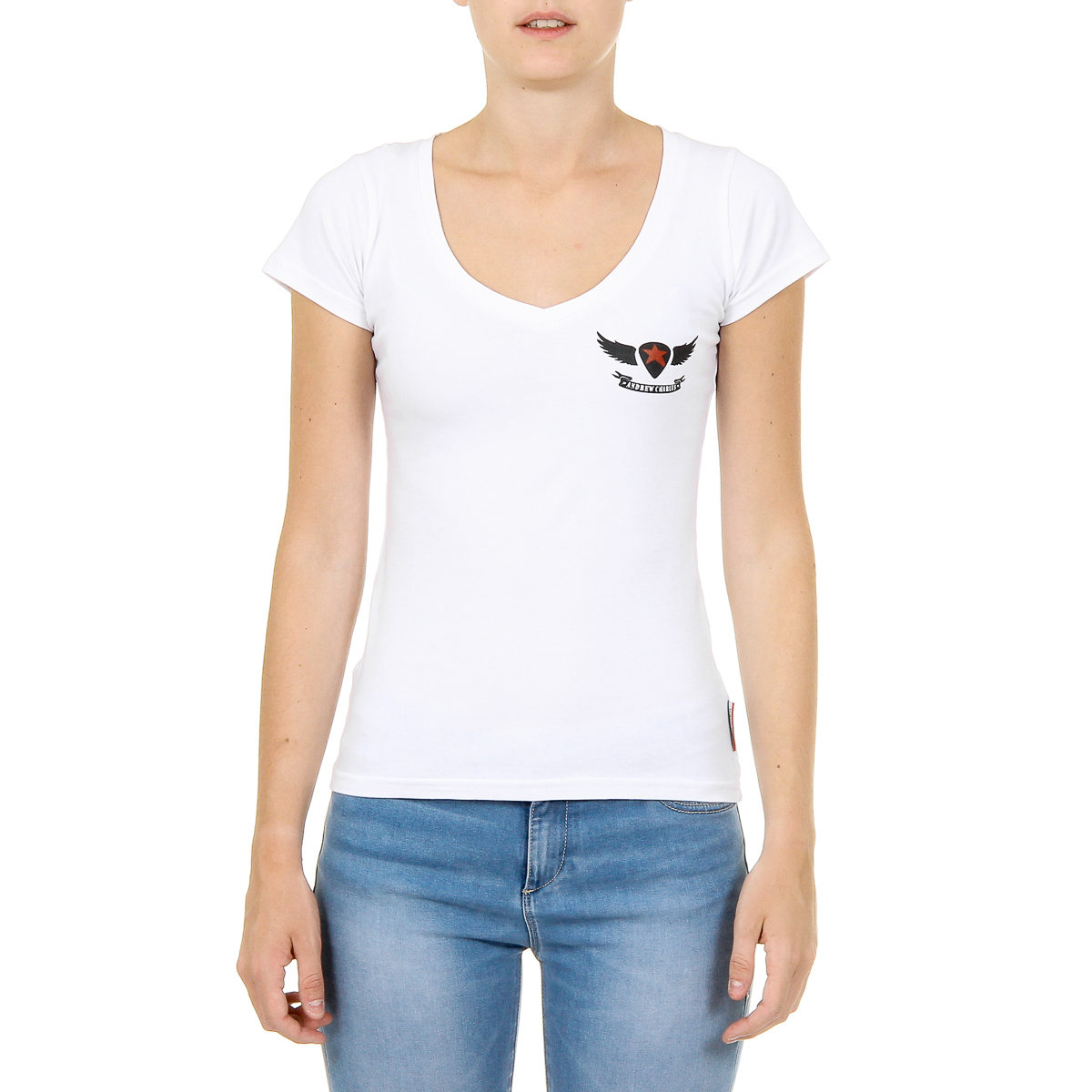 Andrew Charles T-shirt da donna a maniche corte con scollo a V, bianca TAPIWA