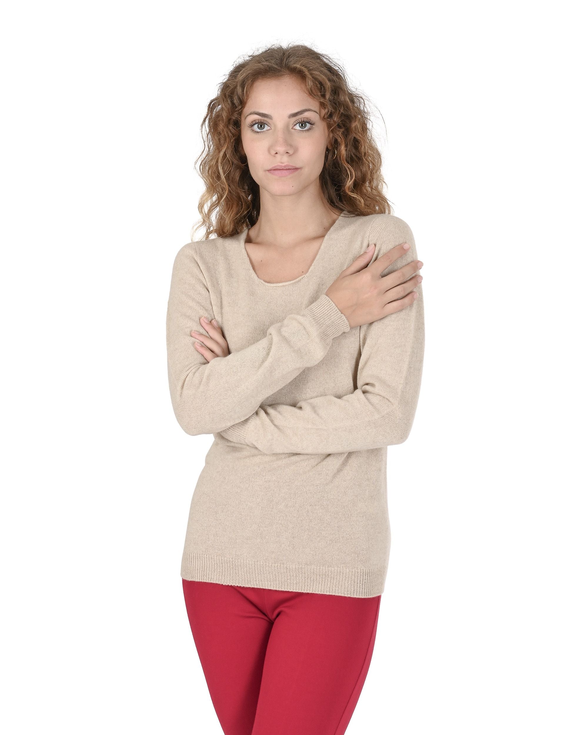 Maglione da donna in cashmere con scollo quadrato Crown of Edinburgh COE 0024 BEIGE