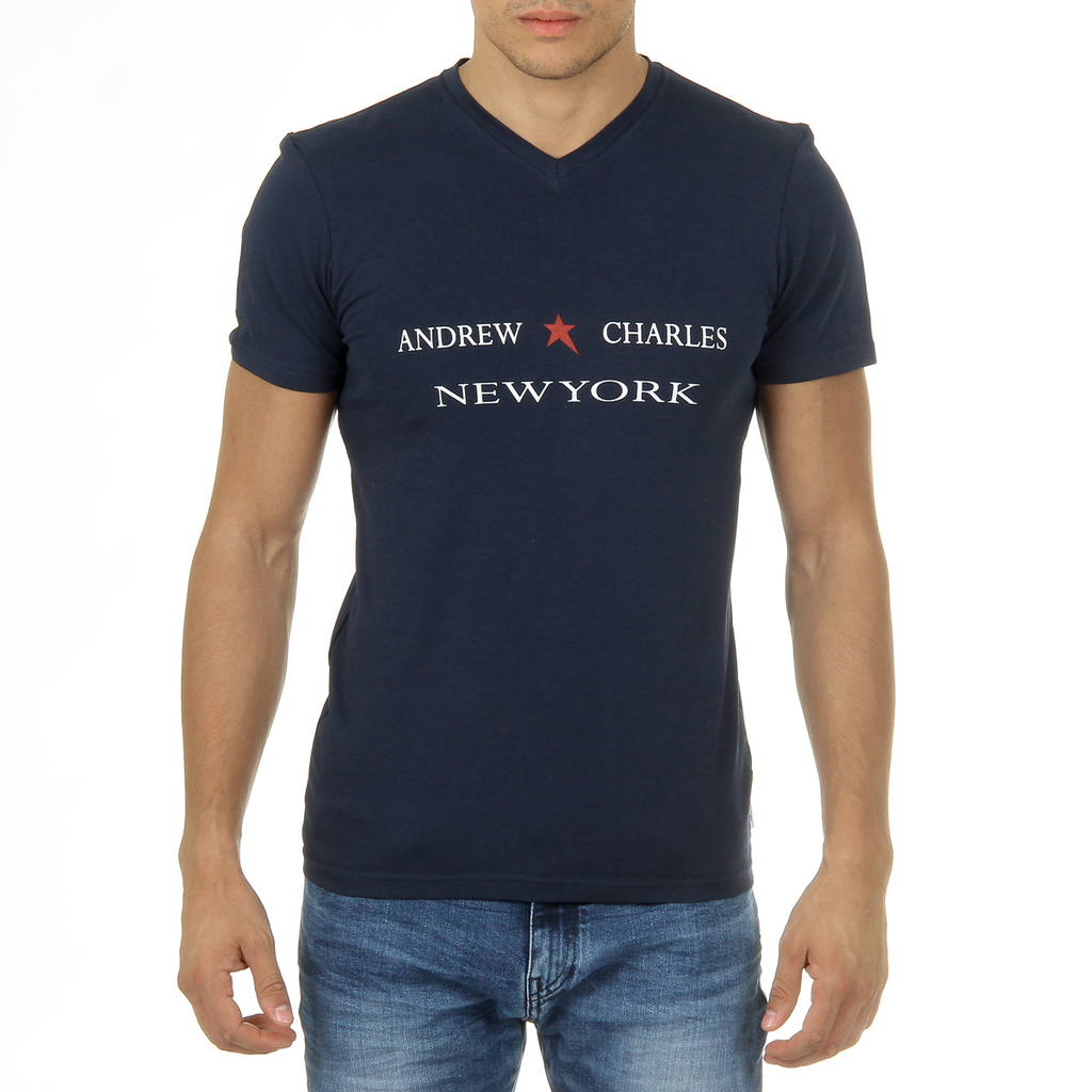 Andrew Charles Maglietta da uomo a maniche corte con scollo a V blu KENAN