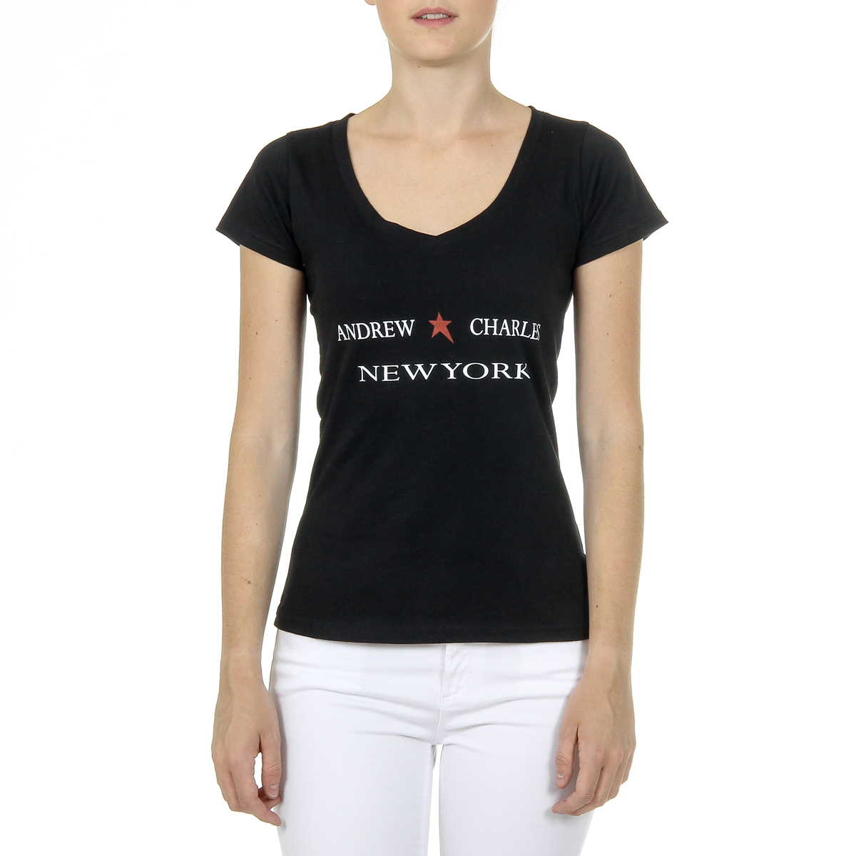 Andrew Charles T-shirt da donna a maniche corte con scollo a V, nera TAPIWA