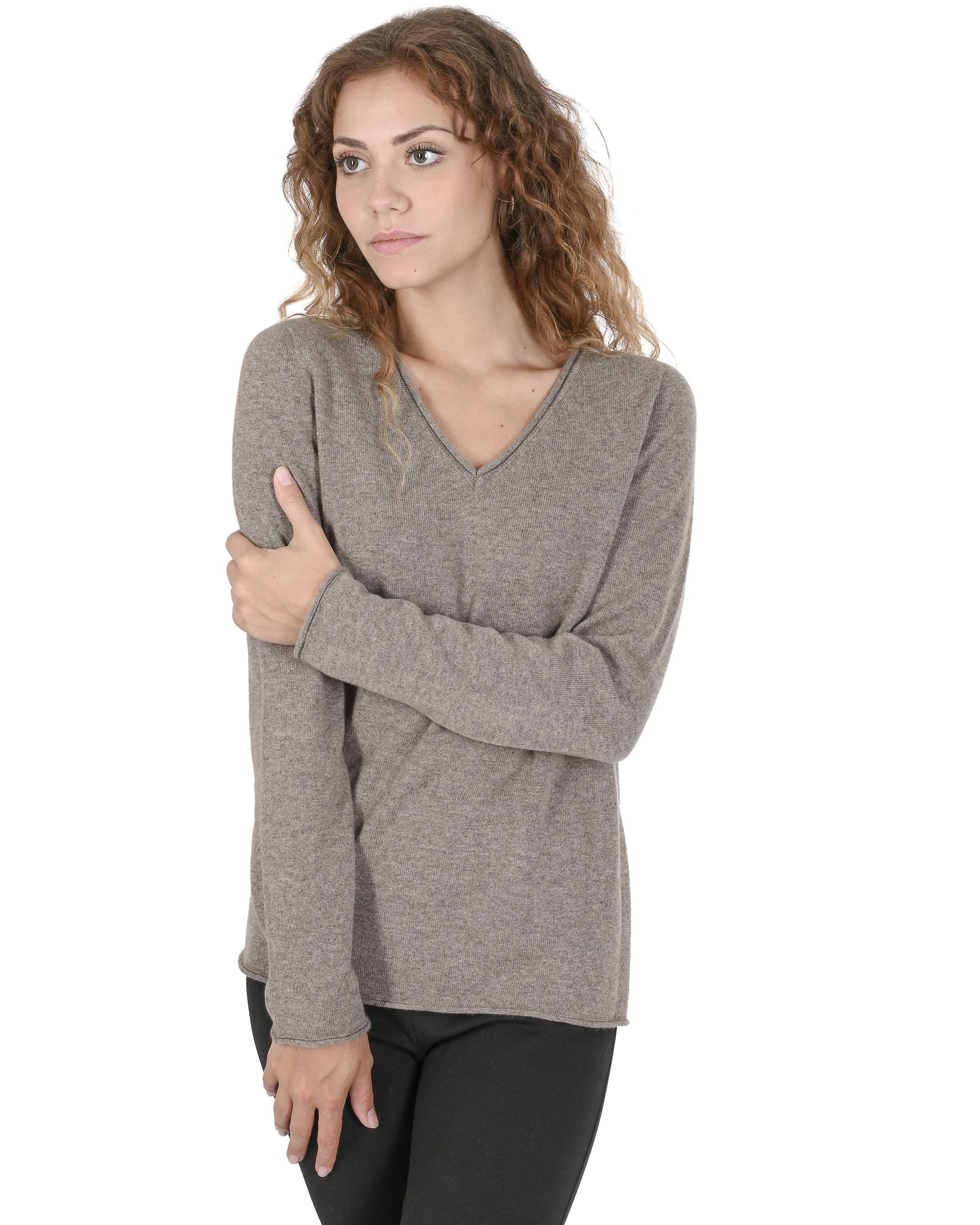 Maglione da donna con scollo a V in cashmere Crown of Edinburgh COE 0022 TAUPE