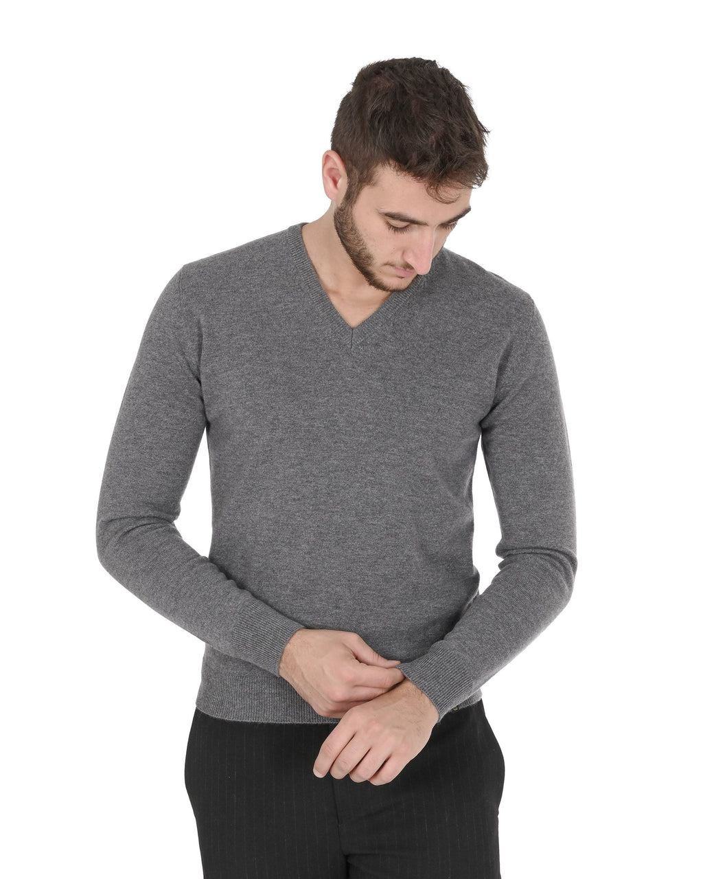 Maglione da uomo in cashmere con scollo a V Crown of Edinburgh COE 0012 GRIGIO