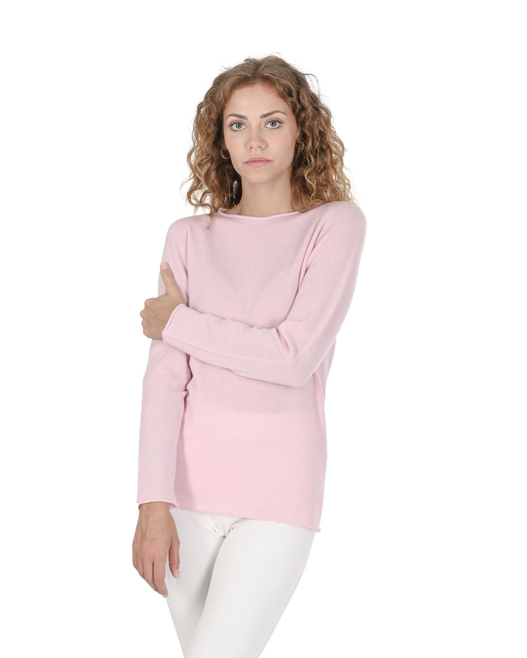 Maglione da donna con scollo a barca in cashmere Crown of Edinburgh COE 0025 ROSA CHIARO