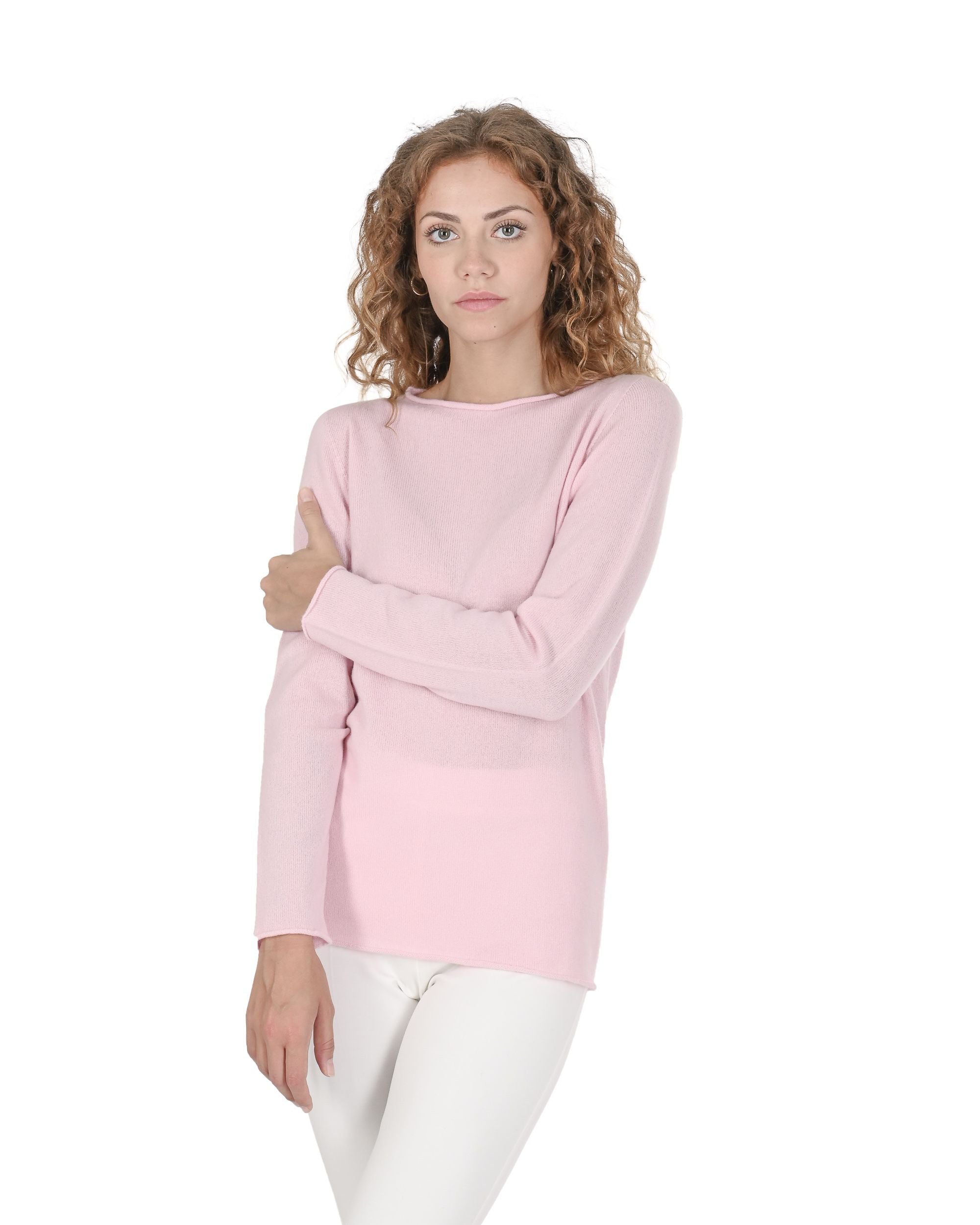 Maglione da donna con scollo a barca in cashmere Crown of Edinburgh COE 0025 ROSA CHIARO